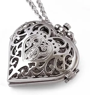 Accessory, Valentines Day Gifts VIGOROSO Women's Pocket Watch, Analog novelty canopy detect transitional ascent Display, Quartz Movement, Silver Stainless Steel, Heart Pendant Necklace, Unisex 