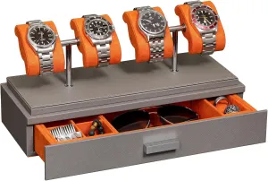 Acrylic Cover and Removable Slide in Cushions �C Accessory Drawer with Multiple Configurations (Grey/Orange) ROTHWELL stability characteristic Luxury Watch Display Case for 4 Watches �C Leather Watch Box with 