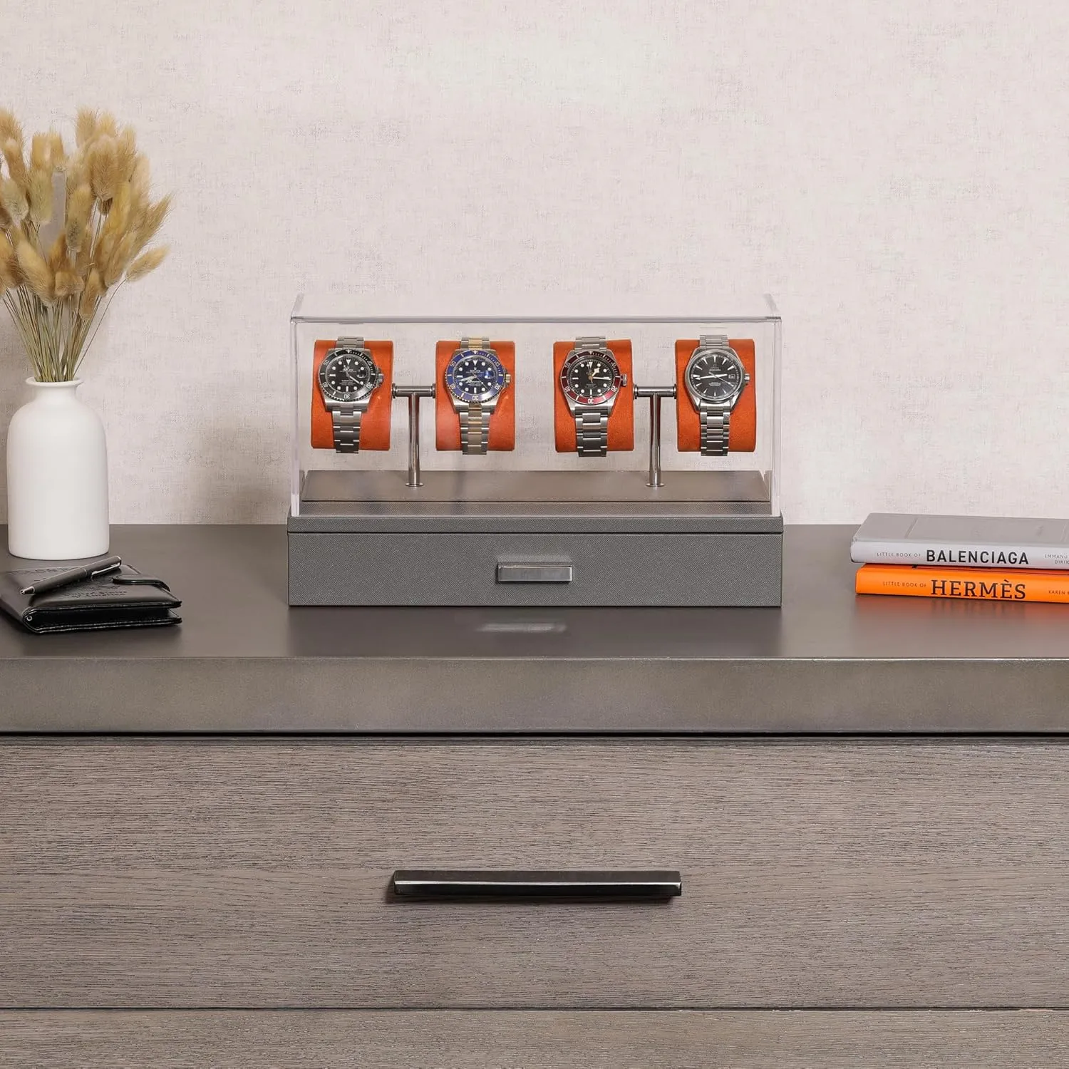 Acrylic Cover and Removable Slide in Cushions �C Accessory Drawer with Multiple Configurations (Grey/Orange) ROTHWELL stability characteristic Luxury Watch Display Case for 4 Watches �C Leather Watch Box with 