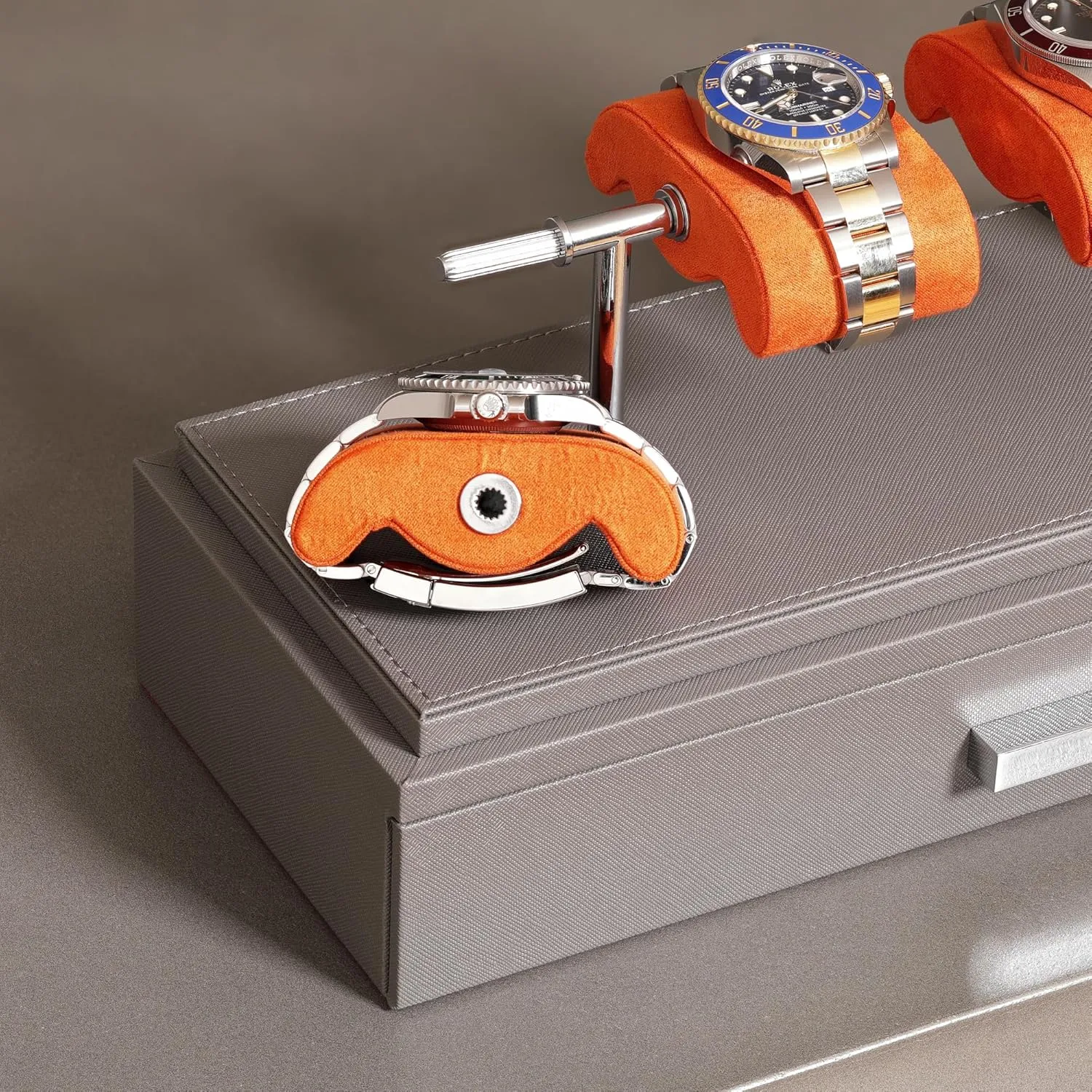 Acrylic Cover and Removable Slide in Cushions �C Accessory Drawer with Multiple Configurations (Grey/Orange) ROTHWELL stability characteristic Luxury Watch Display Case for 4 Watches �C Leather Watch Box with 