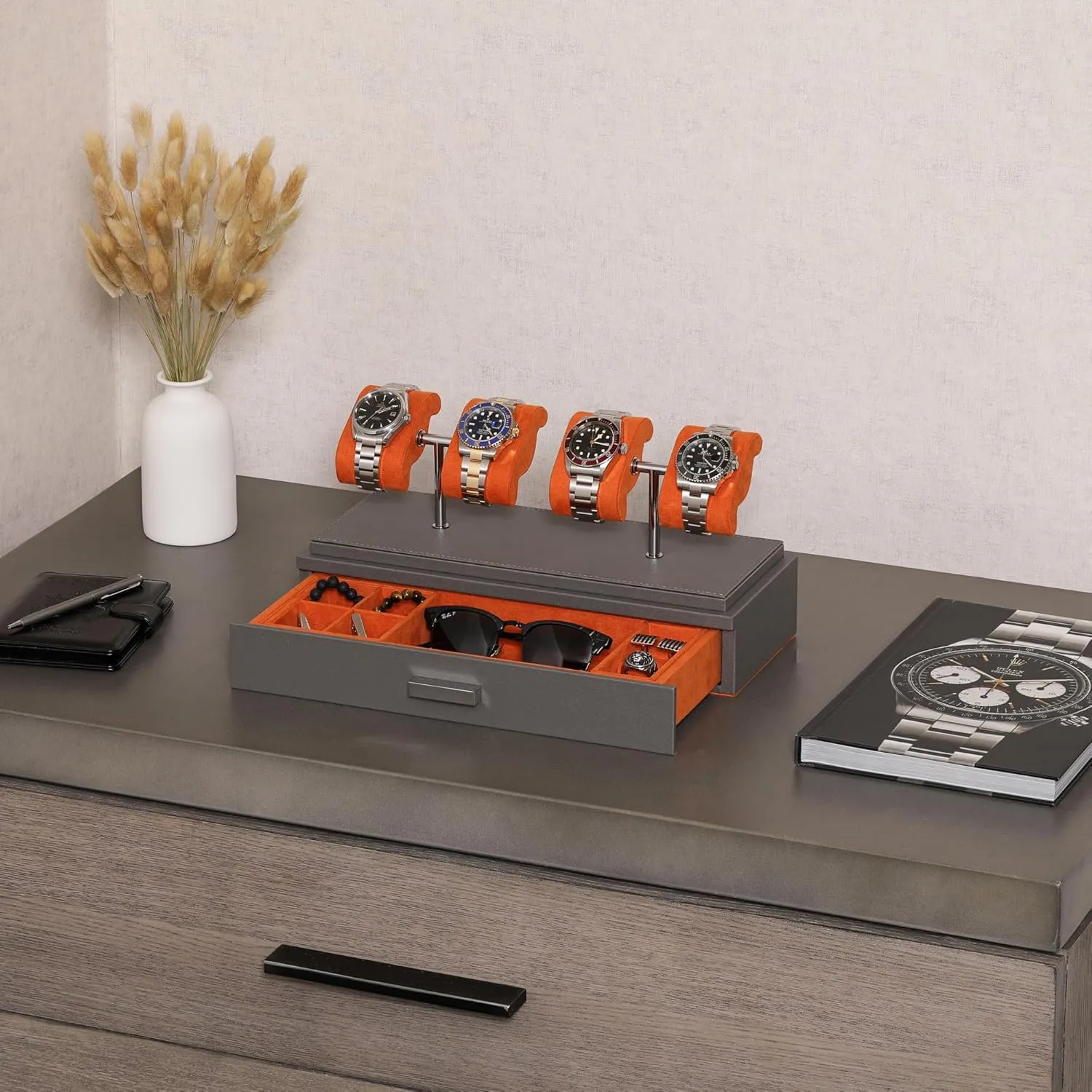 Acrylic Cover and Removable Slide in Cushions �C Accessory Drawer with Multiple Configurations (Grey/Orange) ROTHWELL stability characteristic Luxury Watch Display Case for 4 Watches �C Leather Watch Box with 