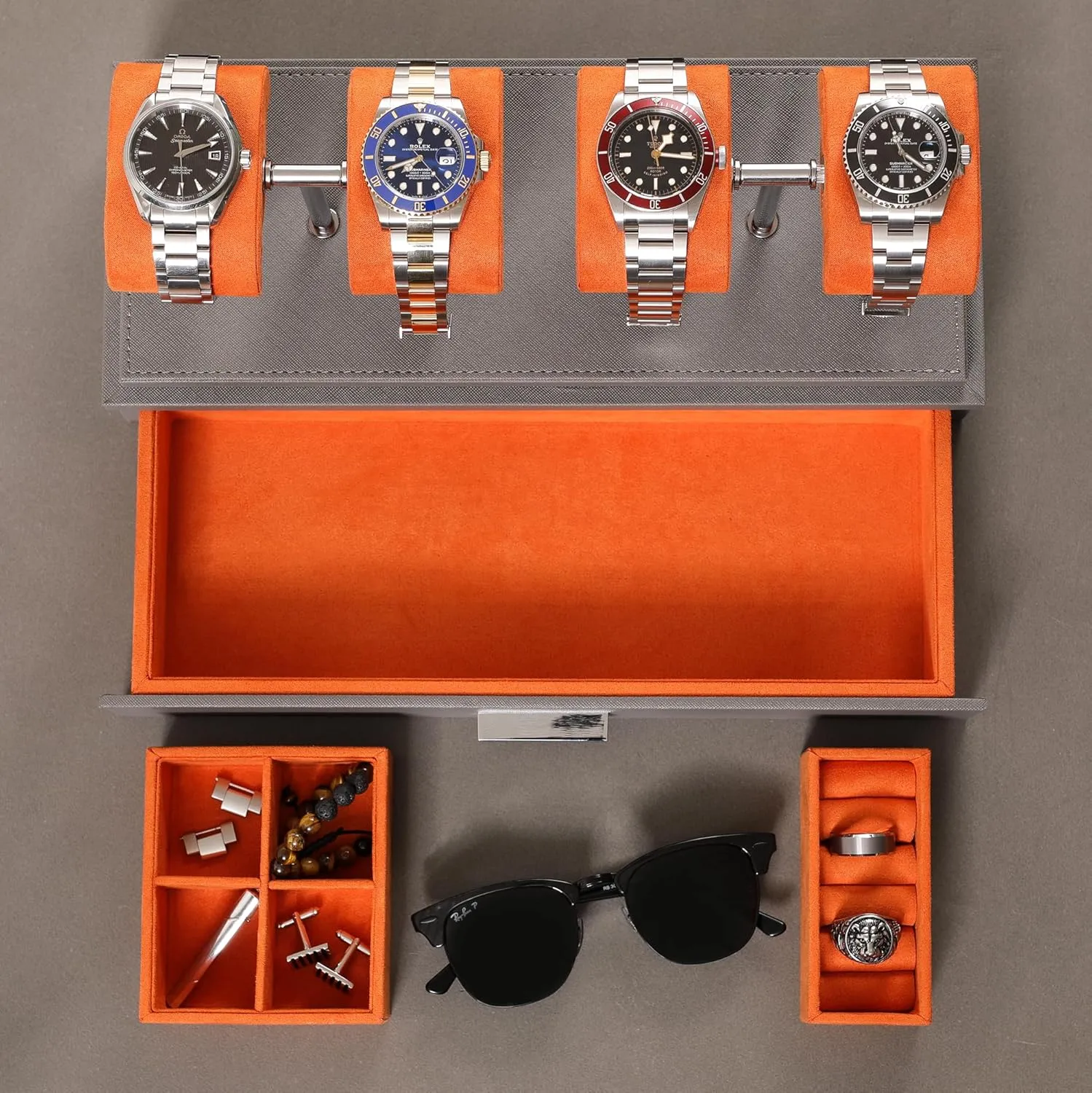 Acrylic Cover and Removable Slide in Cushions �C Accessory Drawer with Multiple Configurations (Grey/Orange) ROTHWELL stability characteristic Luxury Watch Display Case for 4 Watches �C Leather Watch Box with 