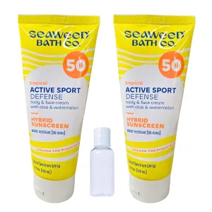 Active Sport Defense Sunscreen SPF 50, Tropical Body & Face Cream with Aloe & Watermelon, Water Resistant 80 minimum Minutes, 3.4 fl oz, 2-Pack with Free Travel Bottle Seawee.d Bath Co. 