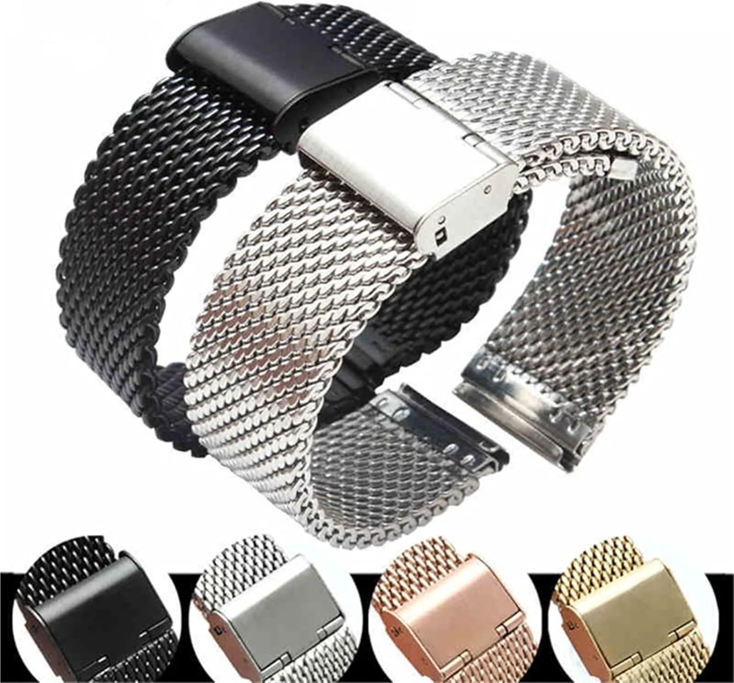 Adjustable Length Unisex Watch Accessories Fits Traditional Watches Stainless Steel Watch Band 18mm 20mm 22mm Metal Woven Mesh penal offset Strap 