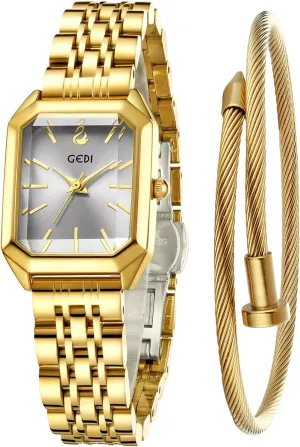 Adjustable Strap with Tools FANMIS Women��s Gold Tone Bangle Watch and Bracelet Set, Simple Square Dial Ladies Casual Dress Watch with Solid Stainless Steel Band & Anglo Butterfly Clasp,Waterproof 