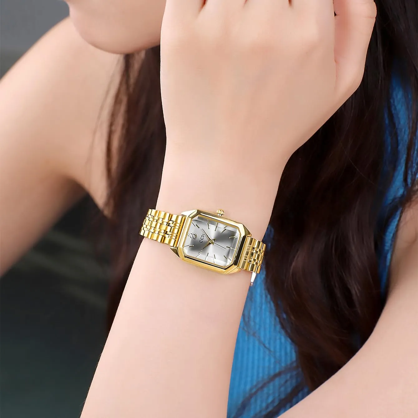 Adjustable Strap with Tools FANMIS Women��s Gold Tone Bangle Watch and Bracelet Set, Simple Square Dial Ladies Casual Dress Watch with Solid Stainless Steel Band & Anglo Butterfly Clasp,Waterproof 