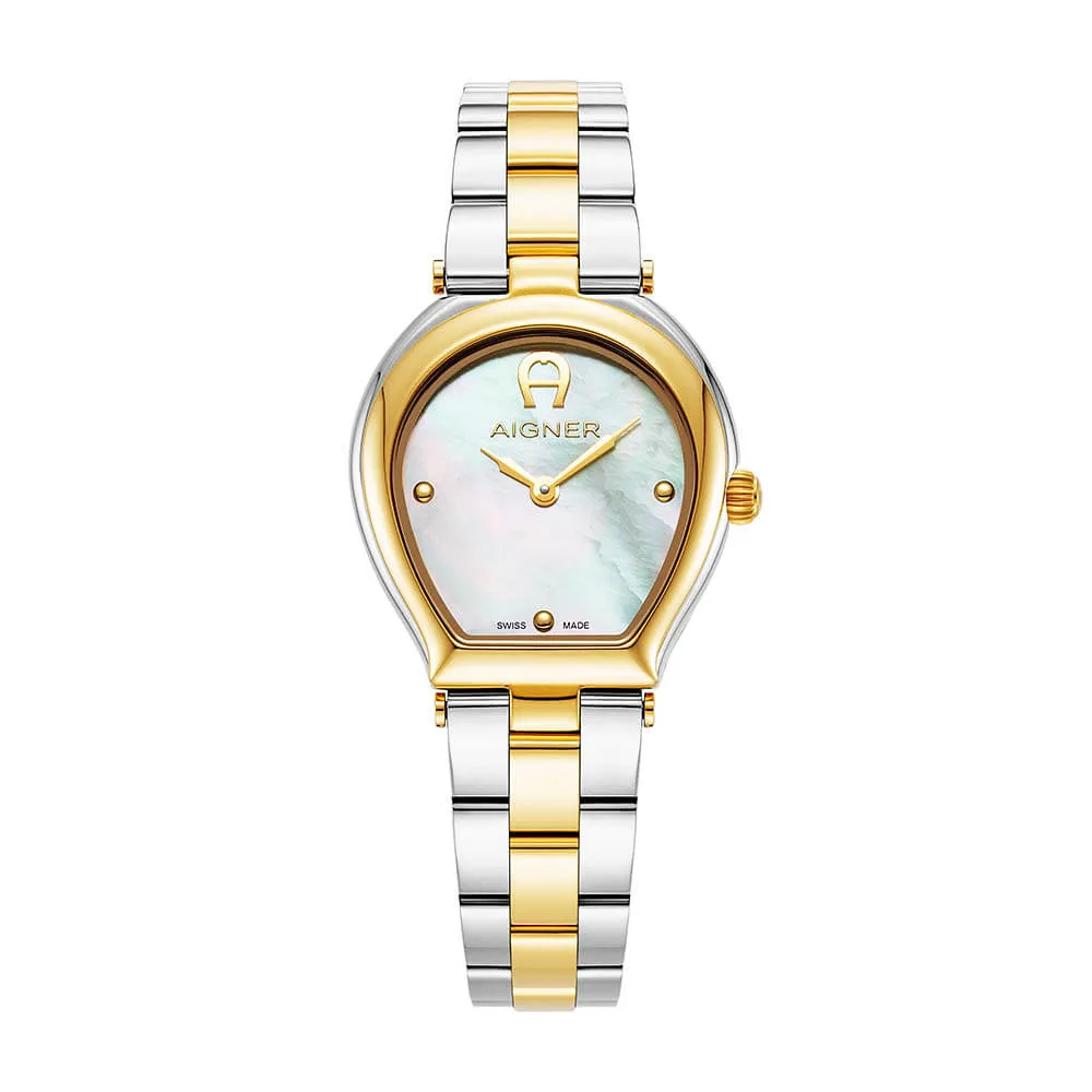 Aigner Trani Ladies White MOP Dial Silver Gold Tone Watch
