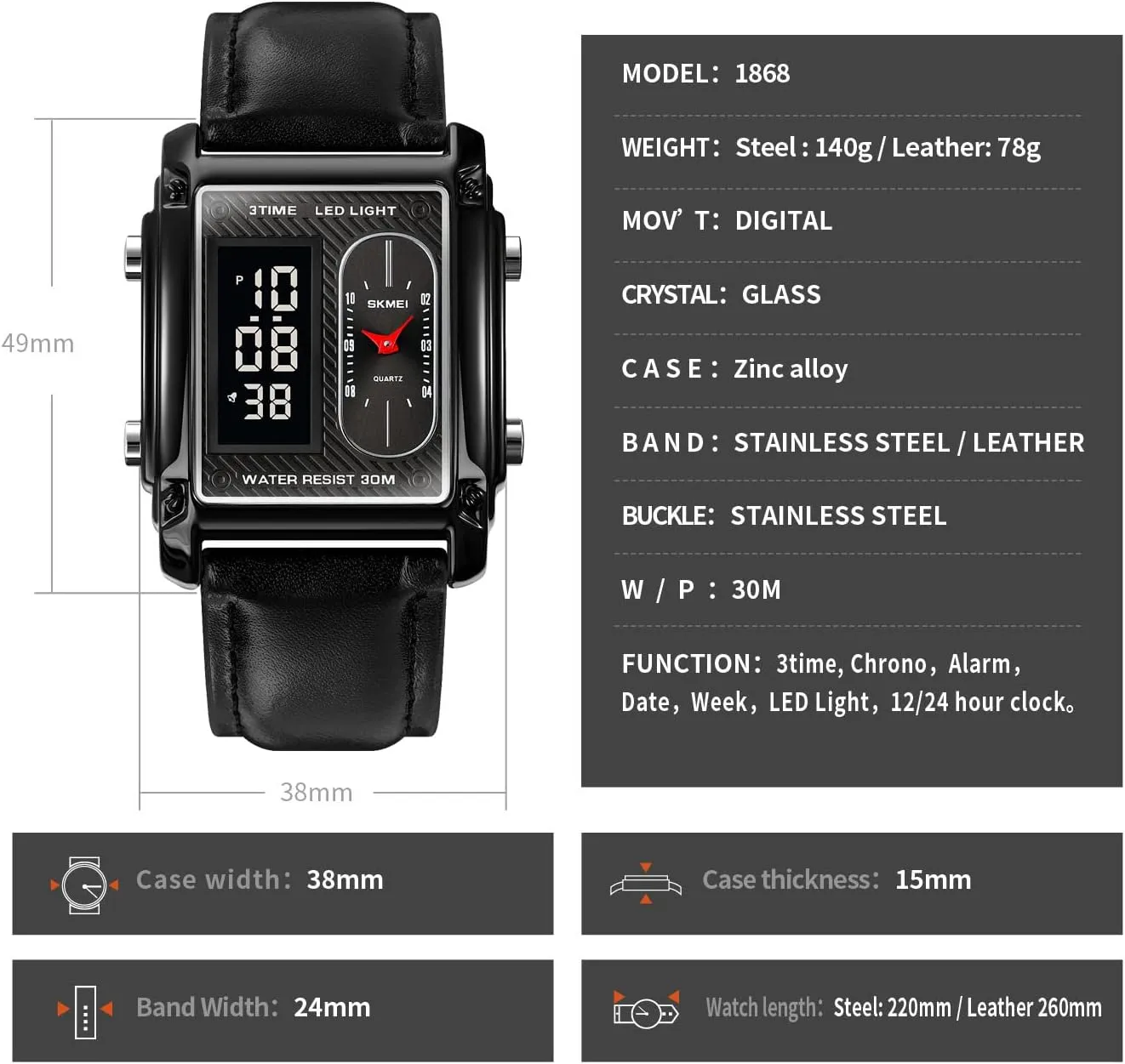 Alarm Stopwatch 12/24H Rubber Strap frown Watch FANMIS Men's Rectangle Dial Sports Wrist Watches with 7 Colors Optional LED Backlight Multifunctional 