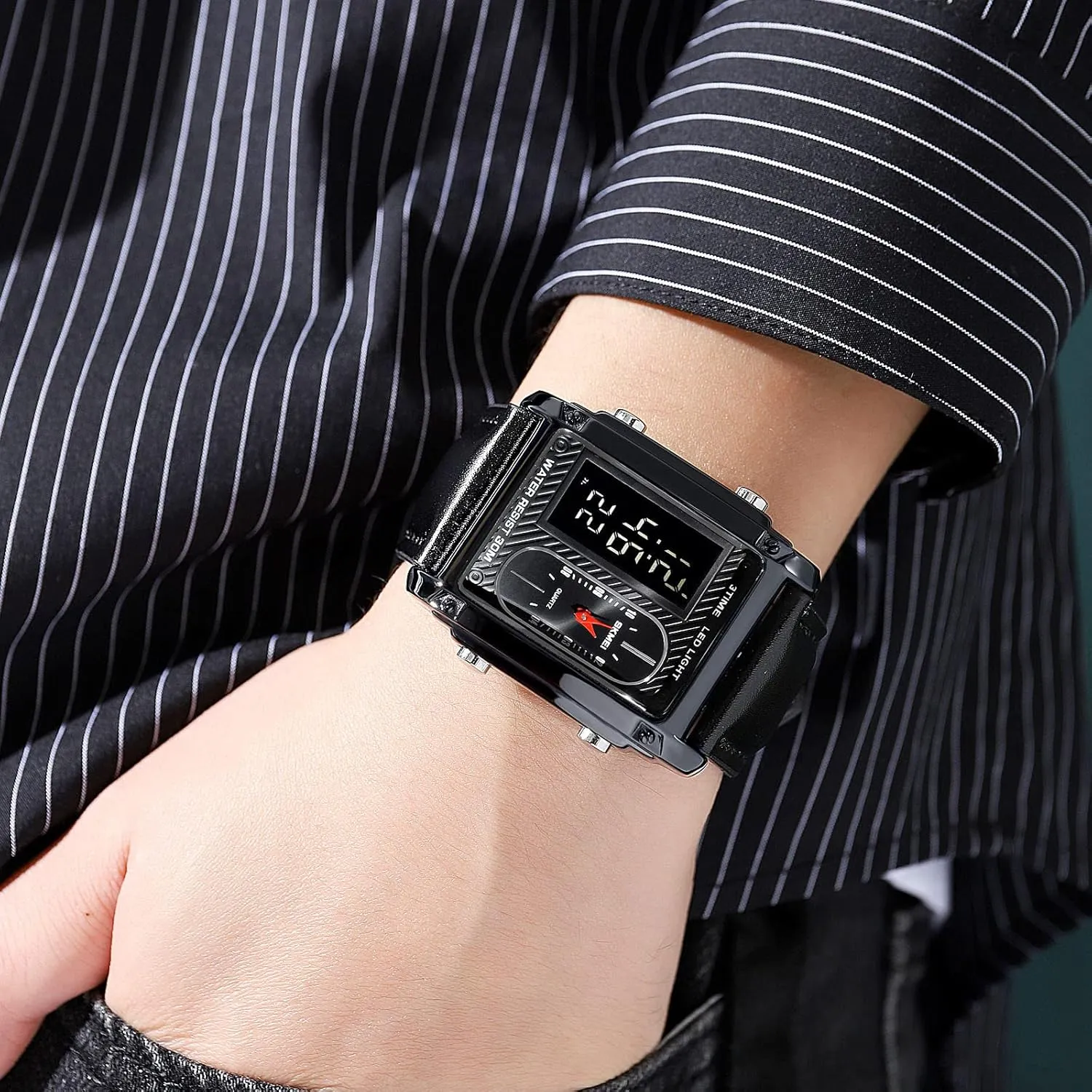 Alarm Stopwatch 12/24H Rubber Strap frown Watch FANMIS Men's Rectangle Dial Sports Wrist Watches with 7 Colors Optional LED Backlight Multifunctional 