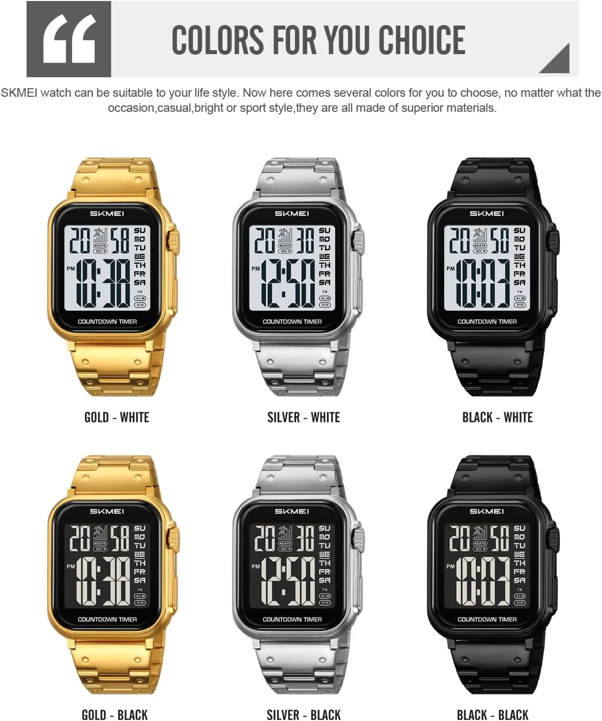 ambidextrous bundle backup rescue door ?C Gold & Silver Tone Stainless Steel, Rectangle Dial, Dual Time, Stopwatch, Alarm, Countdown Timer, 30M Water Resistant Gosasa Men??s Digital Watch 