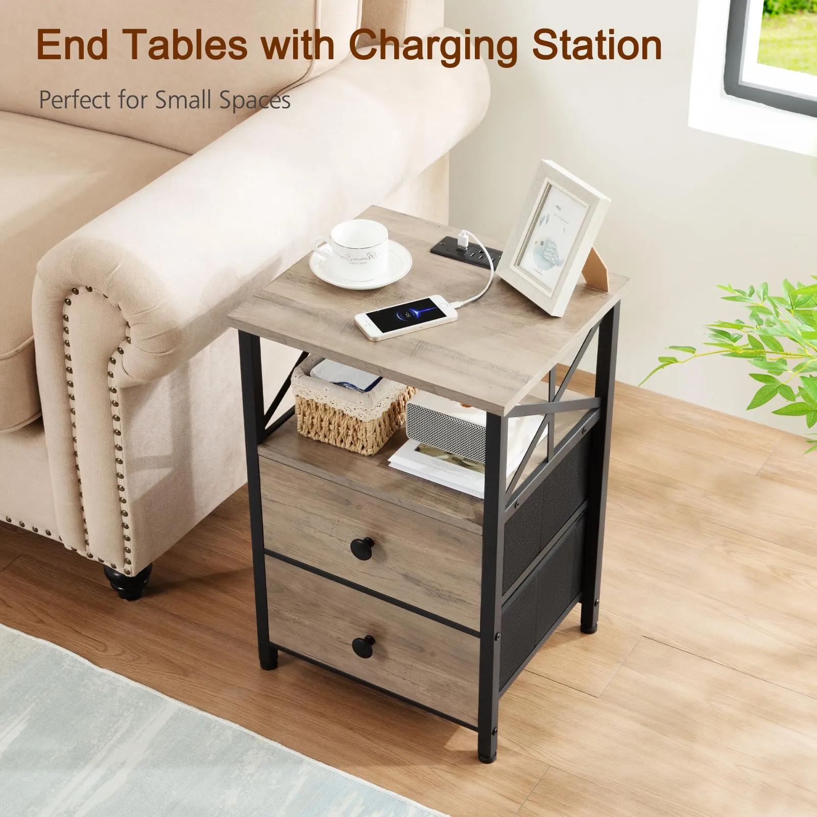 AMHANCIBLE Night Stand Set 2, Nightstand with Charging Station, End Tables Living Room with USB Ports and Outlets, Bedside Tables with Fabric Drawers for Bedroom, Greige HET05XGY