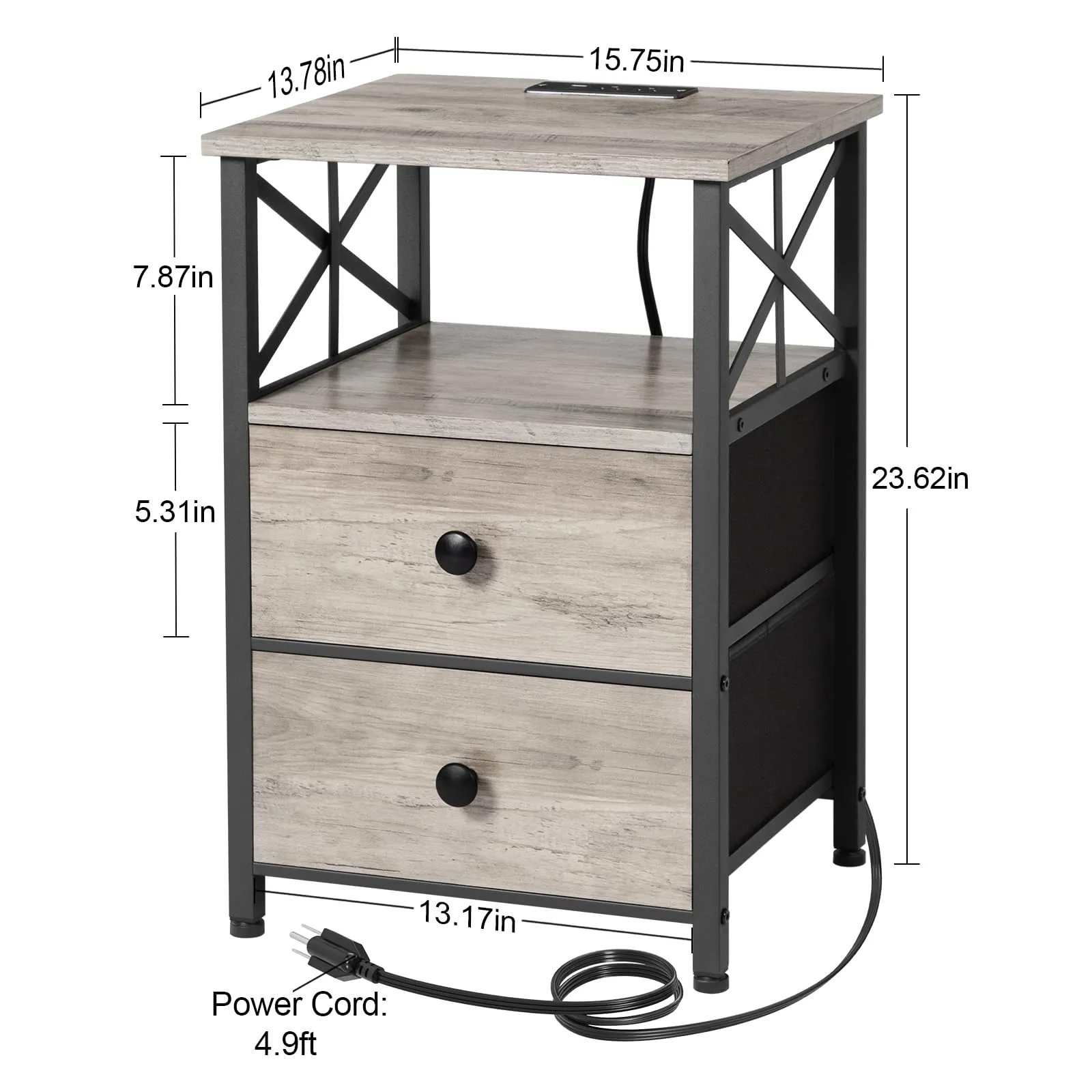 AMHANCIBLE Night Stand Set 2, Nightstand with Charging Station, End Tables Living Room with USB Ports and Outlets, Bedside Tables with Fabric Drawers for Bedroom, Greige HET05XGY