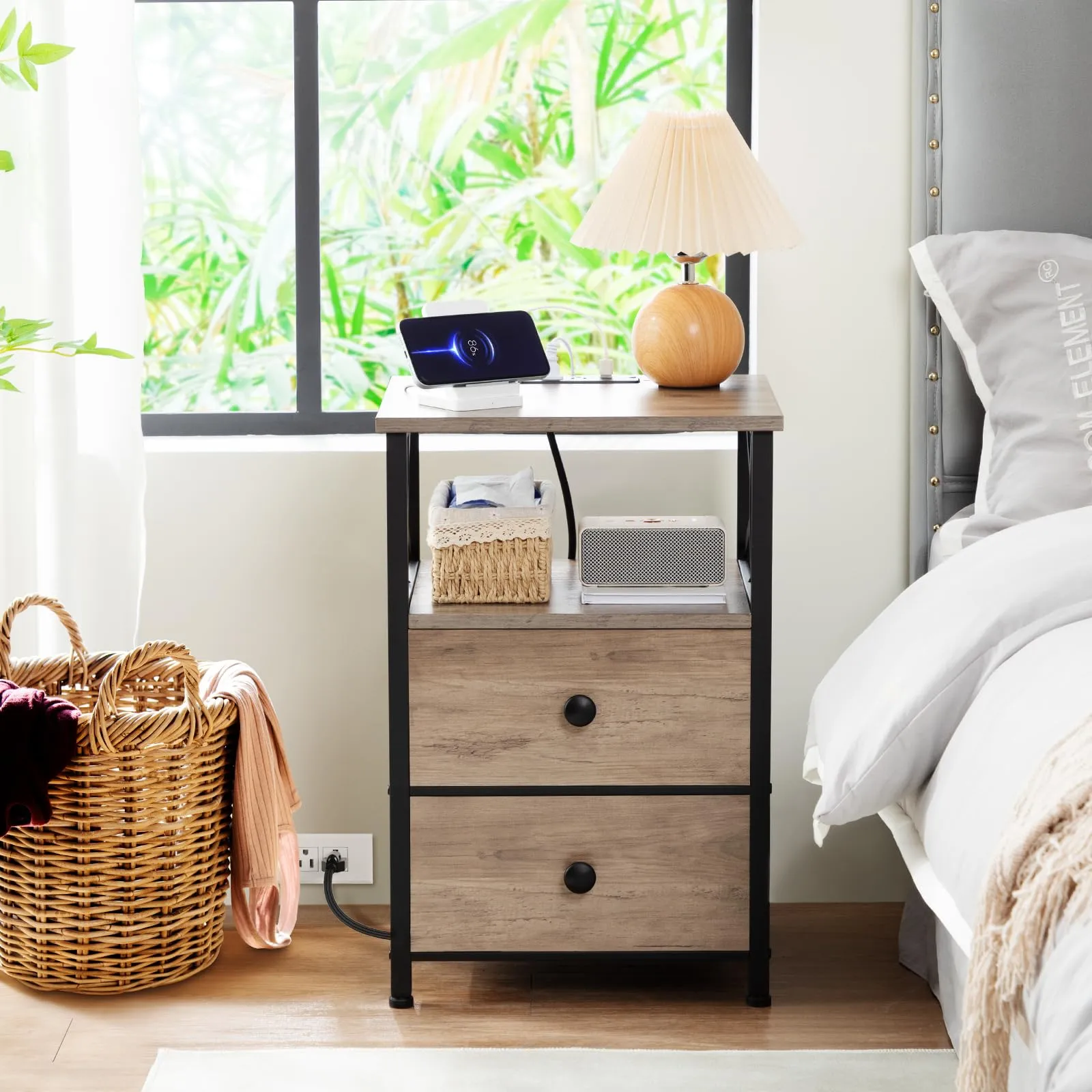 AMHANCIBLE Night Stand Set 2, Nightstand with Charging Station, End Tables Living Room with USB Ports and Outlets, Bedside Tables with Fabric Drawers for Bedroom, Greige HET05XGY
