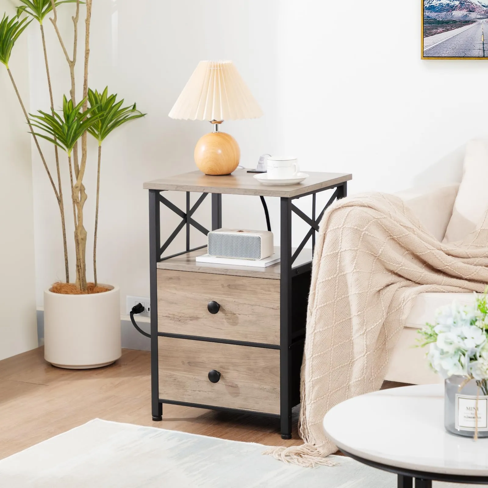 AMHANCIBLE Night Stand Set 2, Nightstand with Charging Station, End Tables Living Room with USB Ports and Outlets, Bedside Tables with Fabric Drawers for Bedroom, Greige HET05XGY