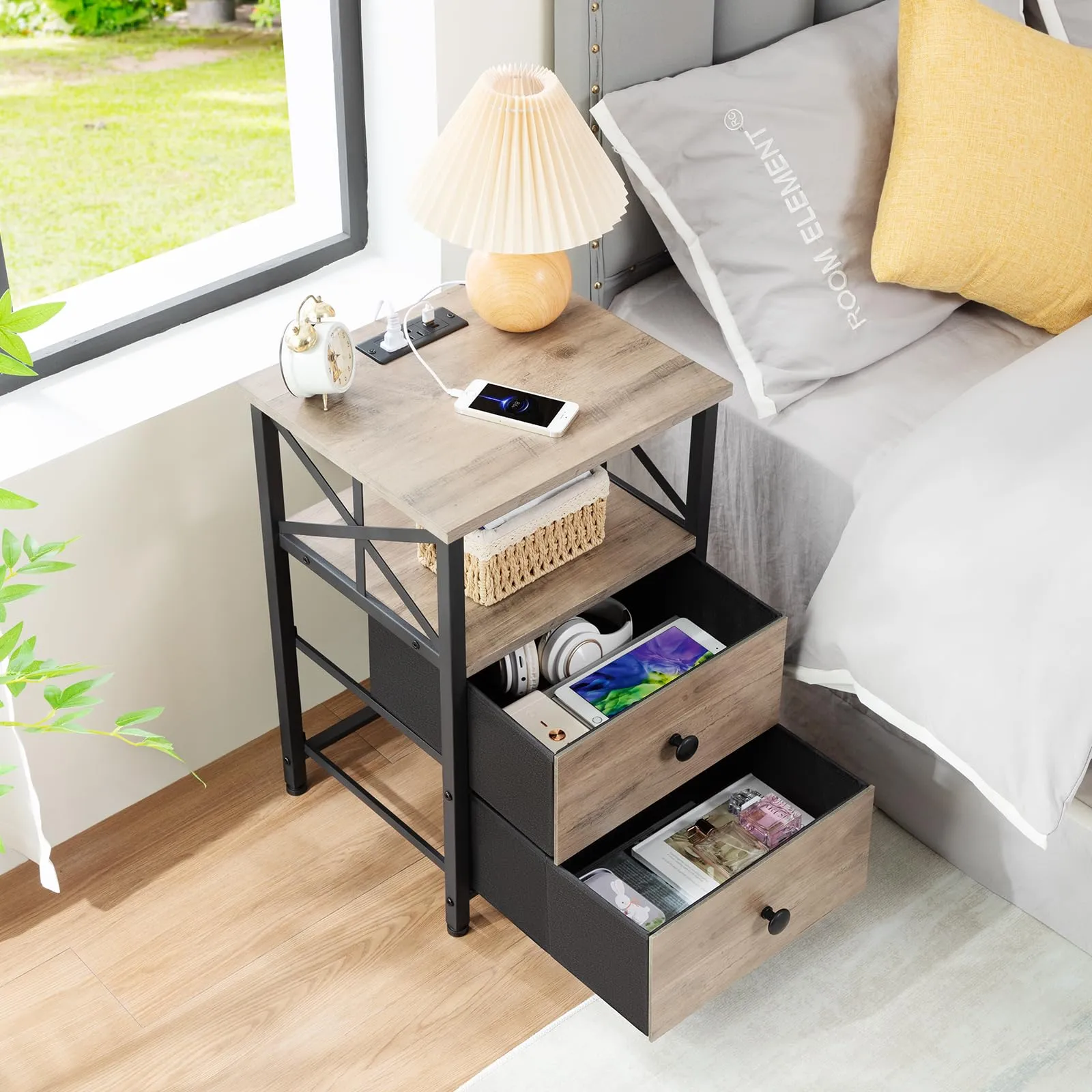 AMHANCIBLE Night Stand Set 2, Nightstand with Charging Station, End Tables Living Room with USB Ports and Outlets, Bedside Tables with Fabric Drawers for Bedroom, Greige HET05XGY