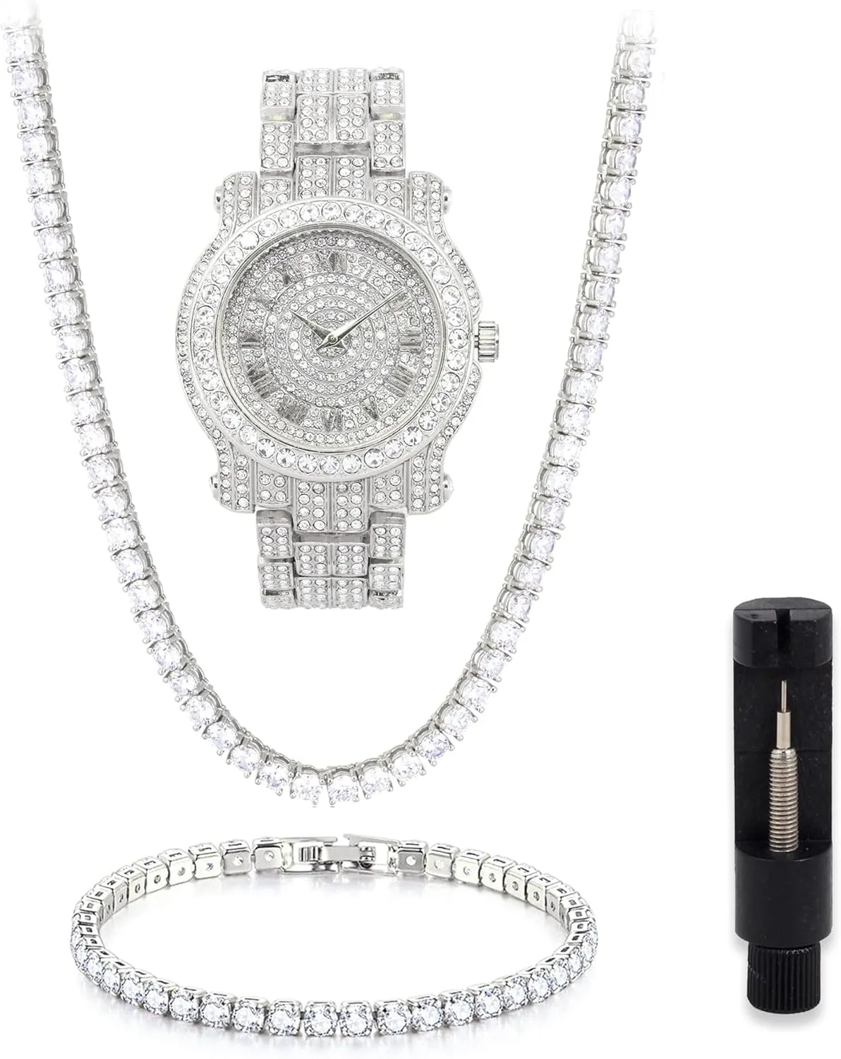 & Bling-ed Out Jewelry Set Techno Pave Mens panorama soften posit standard Iced Out Metal Band Watch 