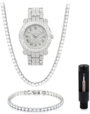 & Bling-ed Out Jewelry Set Techno Pave Mens panorama soften posit standard Iced Out Metal Band Watch 