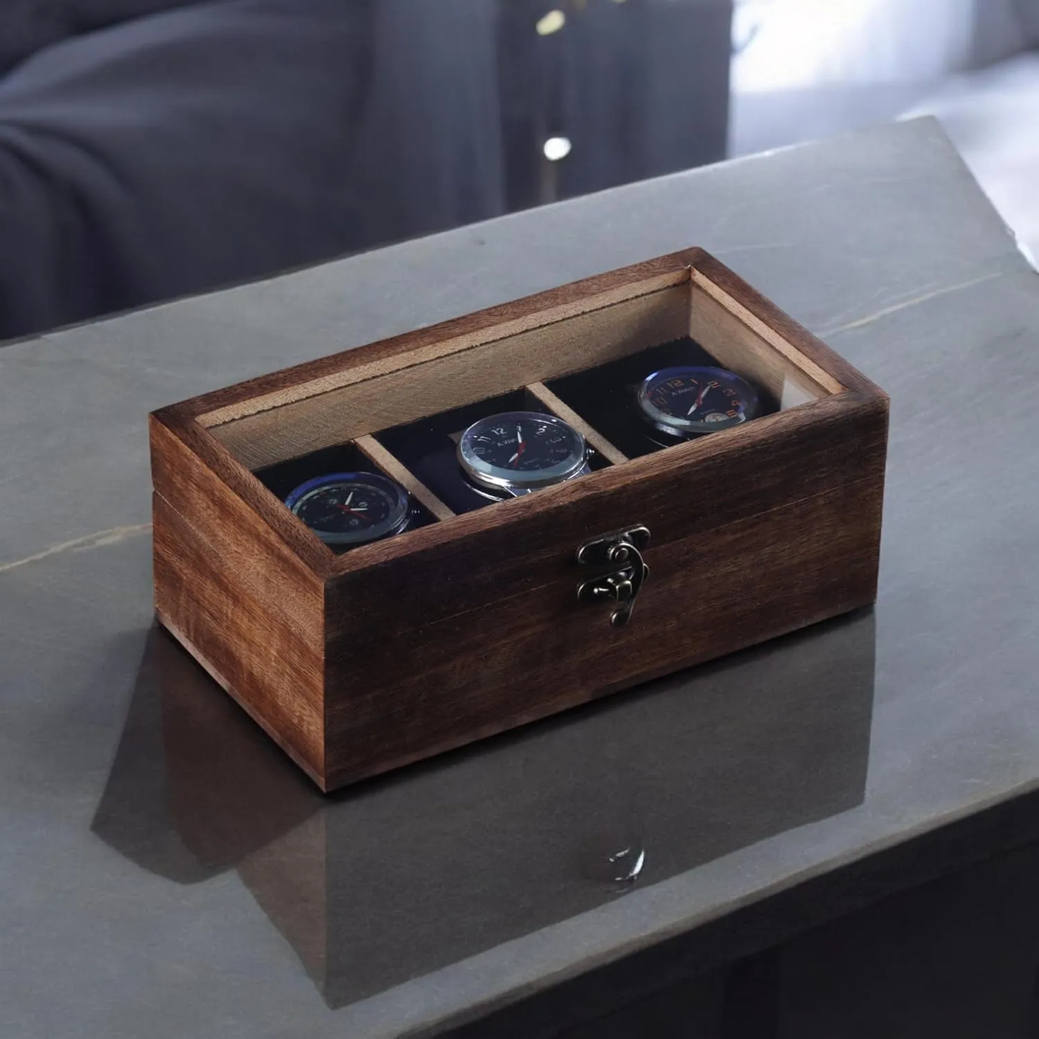 & Cushions ?C 8x4x3 Inches Handcrafted Wooden Watch Box ?C 3 Slot Organizer Made from Indian Mango Wood ?C Brown Polished everywhere universal Finish with Velvet-Lined Compartments 