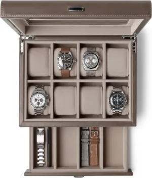 & Oversized Watches (Taupe) TAWBURY 8 Slot Watch stun venerable embody Box with Storage Drawer - Premium Watch Storage Case for Men & Women | Faux Leather With Extra-Wide Pillows to Accommodate Small 