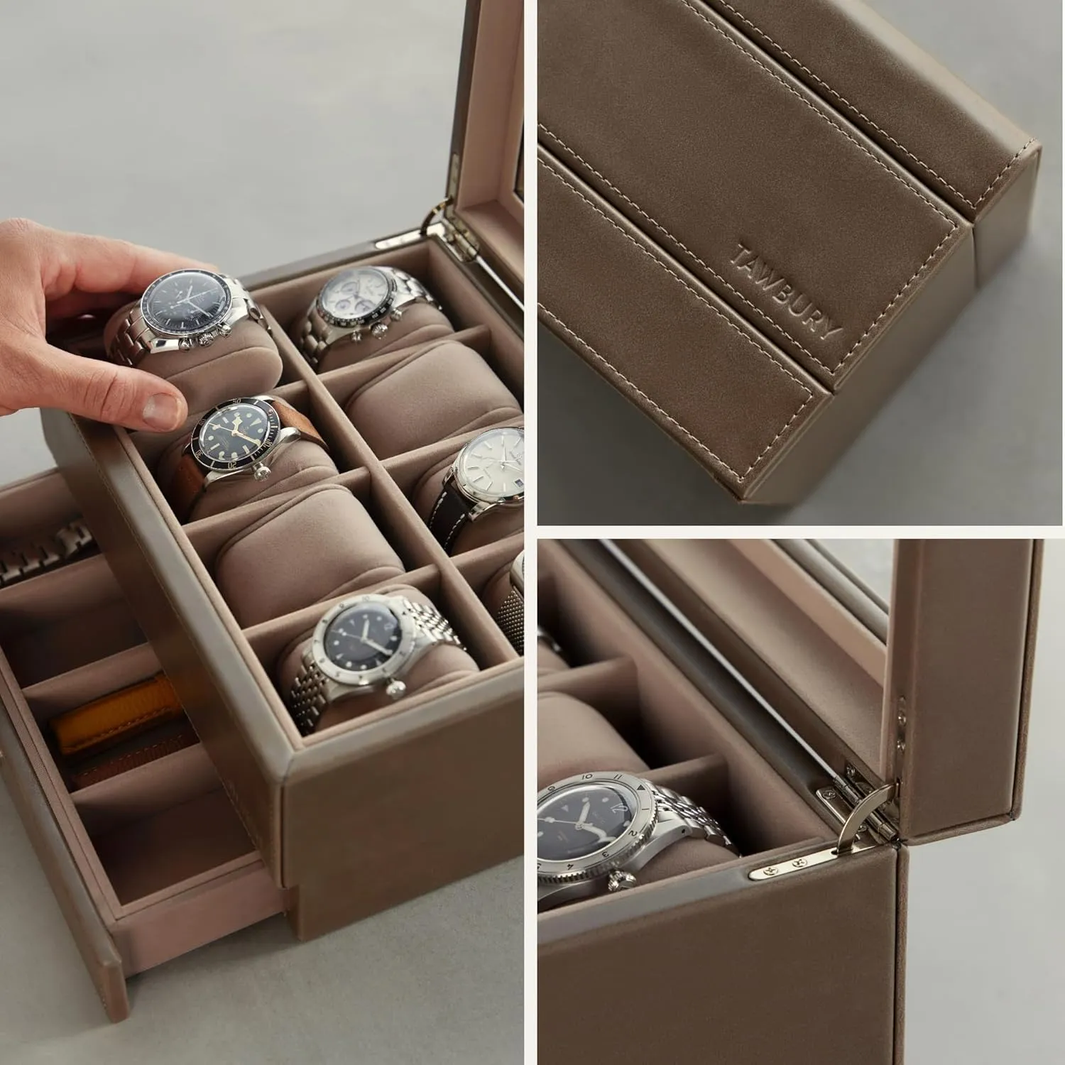 & Oversized Watches (Taupe) TAWBURY 8 Slot Watch stun venerable embody Box with Storage Drawer - Premium Watch Storage Case for Men & Women | Faux Leather With Extra-Wide Pillows to Accommodate Small 