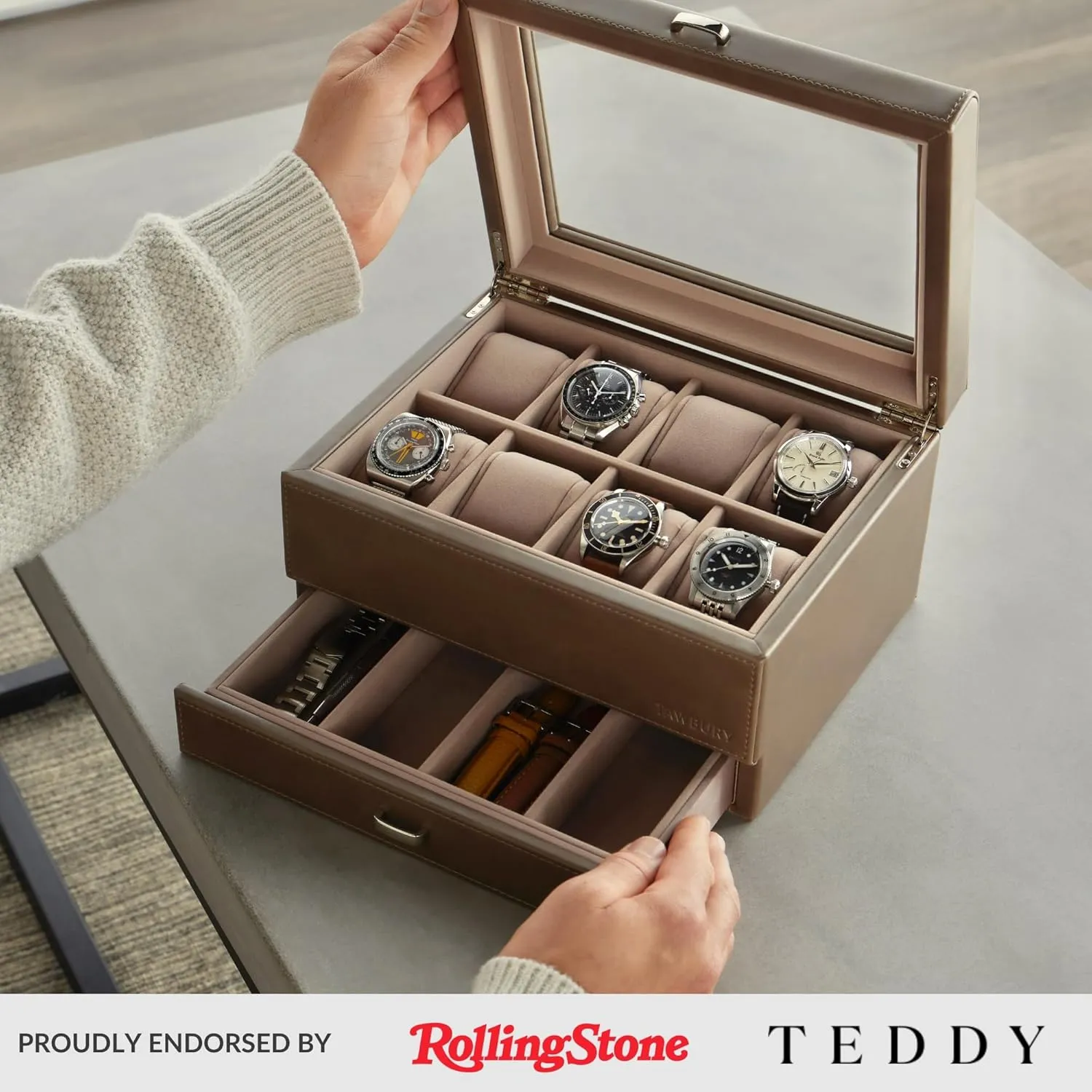 & Oversized Watches (Taupe) TAWBURY 8 Slot Watch stun venerable embody Box with Storage Drawer - Premium Watch Storage Case for Men & Women | Faux Leather With Extra-Wide Pillows to Accommodate Small 