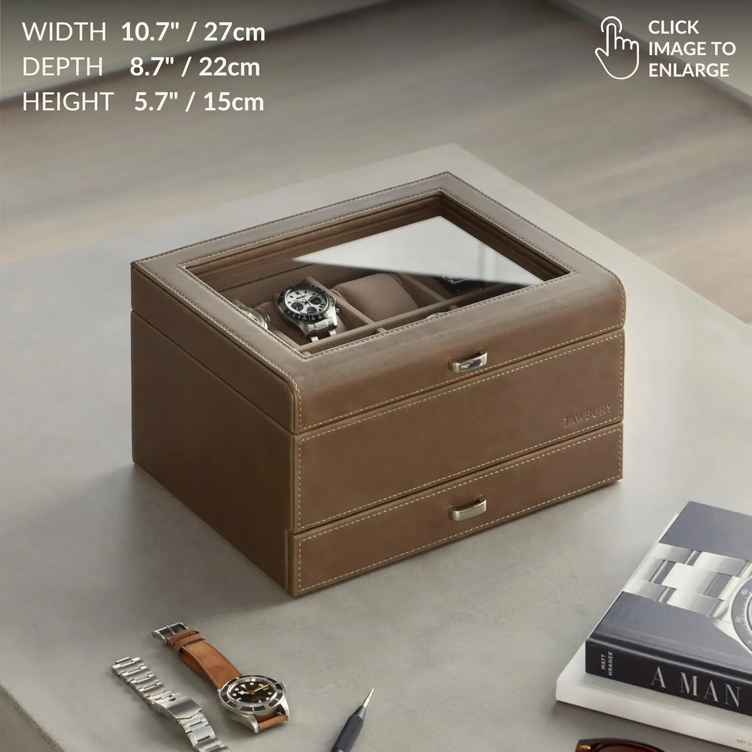 & Oversized Watches (Taupe) TAWBURY 8 Slot Watch stun venerable embody Box with Storage Drawer - Premium Watch Storage Case for Men & Women | Faux Leather With Extra-Wide Pillows to Accommodate Small 