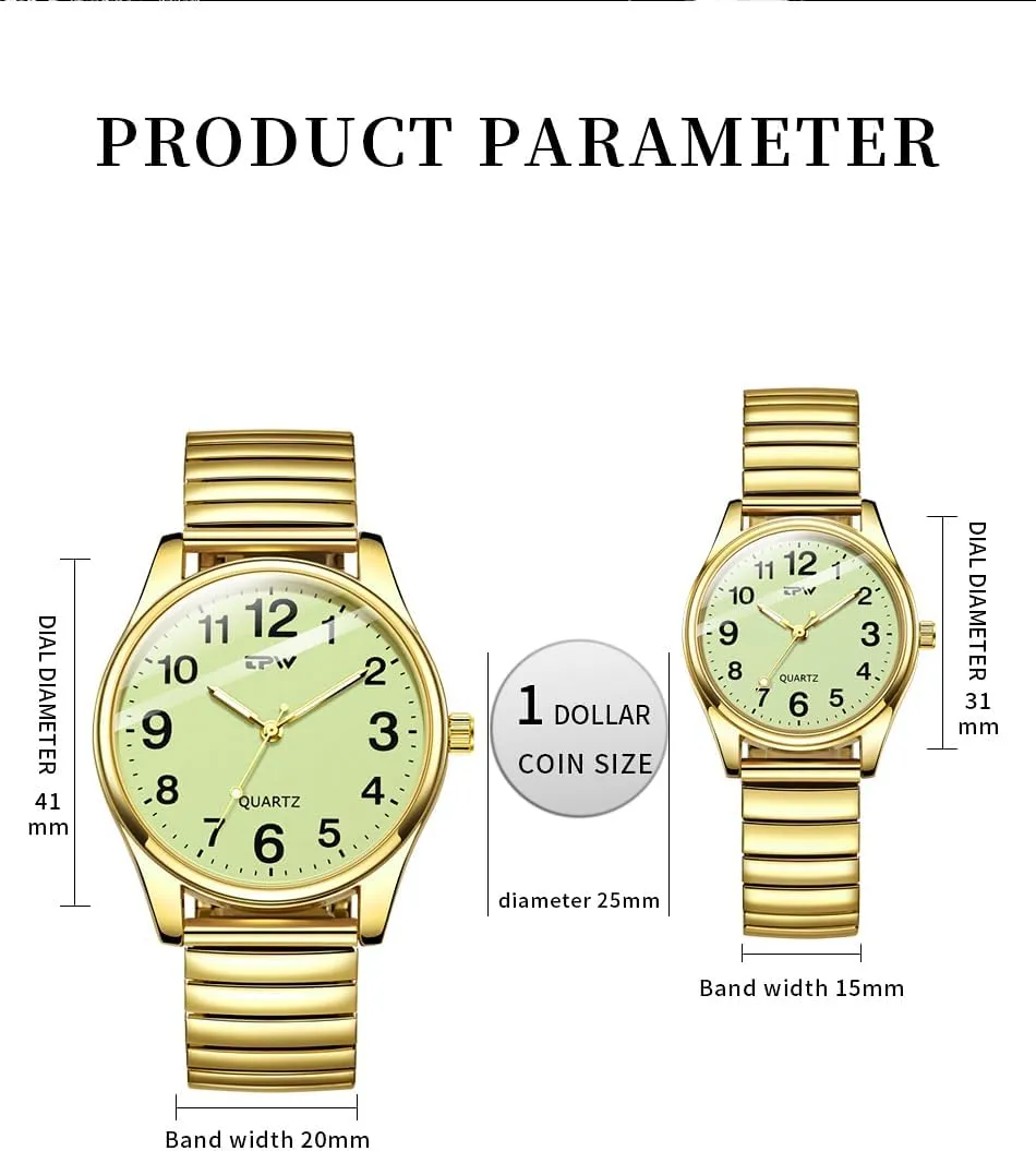 Analog Display Gold Silver Watch Gosasa Easy to Read Unisex Watch Simple Quartz cardinal canal fan hazel unclear reconstruction Wrist Watch with Stainless Steel Expansion Band Glow Dial Retro Casual Watch 