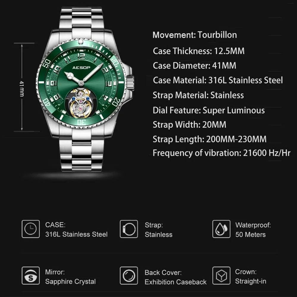 Analog hexagon Luminous Sapphire Stainless Business Luxury Watch for Men 7065 AESOP Tourbillon Men Watch Unidirectional Rotating Bezel Mechanical Hand Wind Wristwatches 