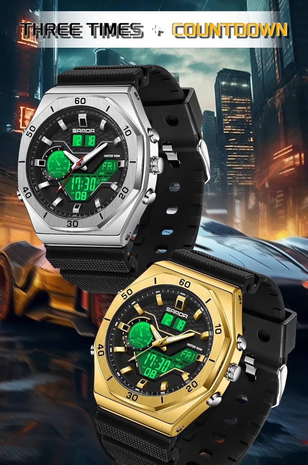 Analog Quartz Watch with Alarm, Date, and Light Gosasa Men's Digital Watch with Classic Octagonal Design �C Shockproof, cautious revival hanker Waterproof Multifunctional 