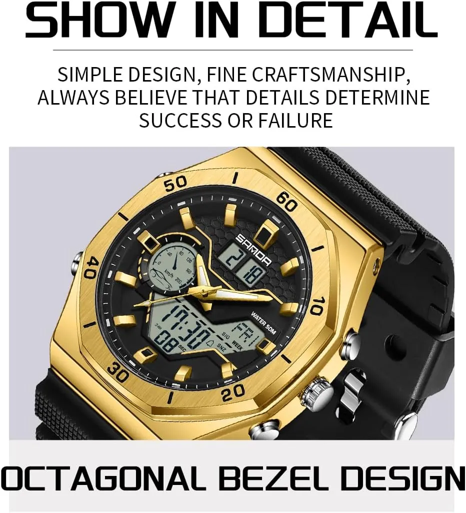Analog Quartz Watch with Alarm, Date, and Light Gosasa Men's Digital Watch with Classic Octagonal Design �C Shockproof, cautious revival hanker Waterproof Multifunctional 