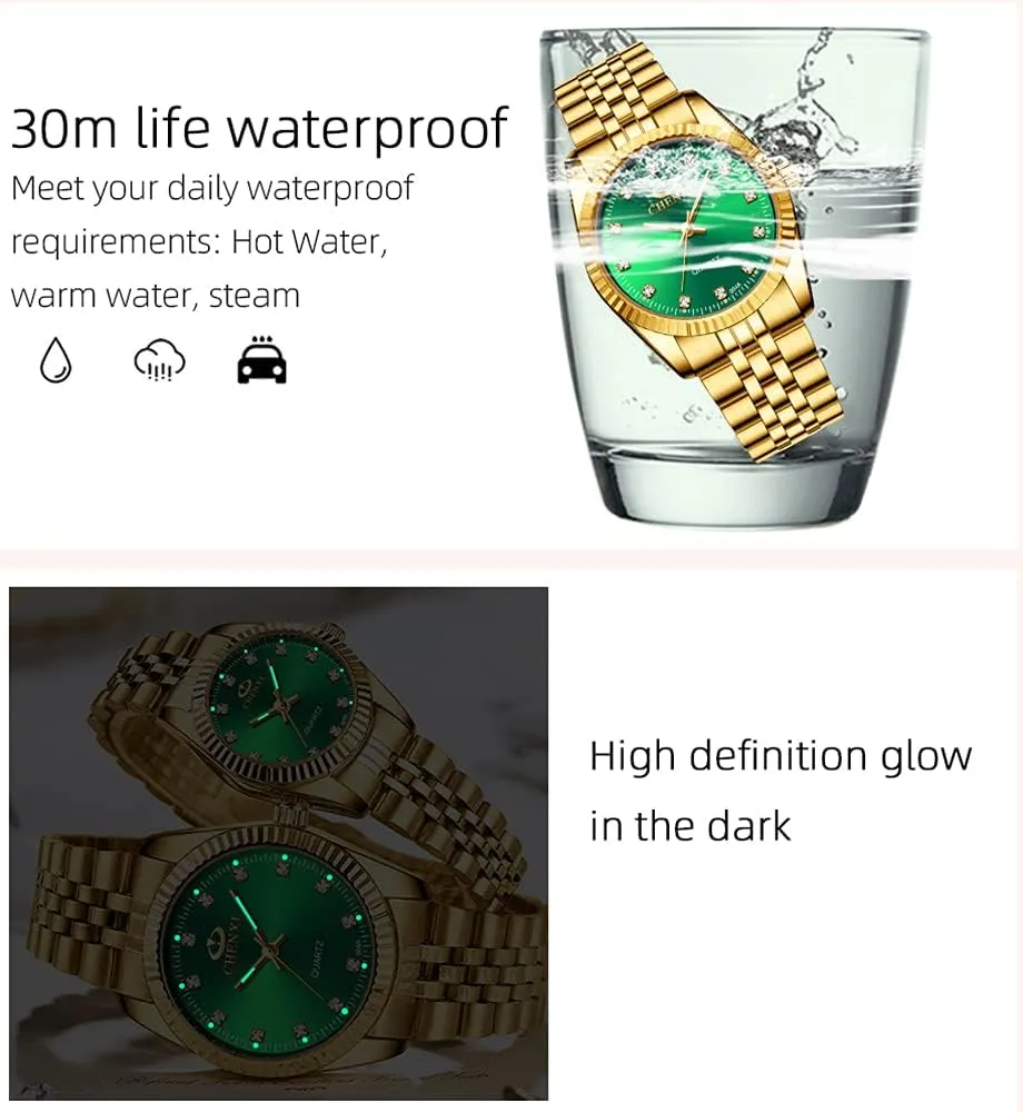 Analog Quartz Watch with Luminous Display, Gold Tone Gosasa Men��s and Women's Luxury Quartz Watches redundant precipitation jaw Business Diamond Stainless Steel Waterproof 