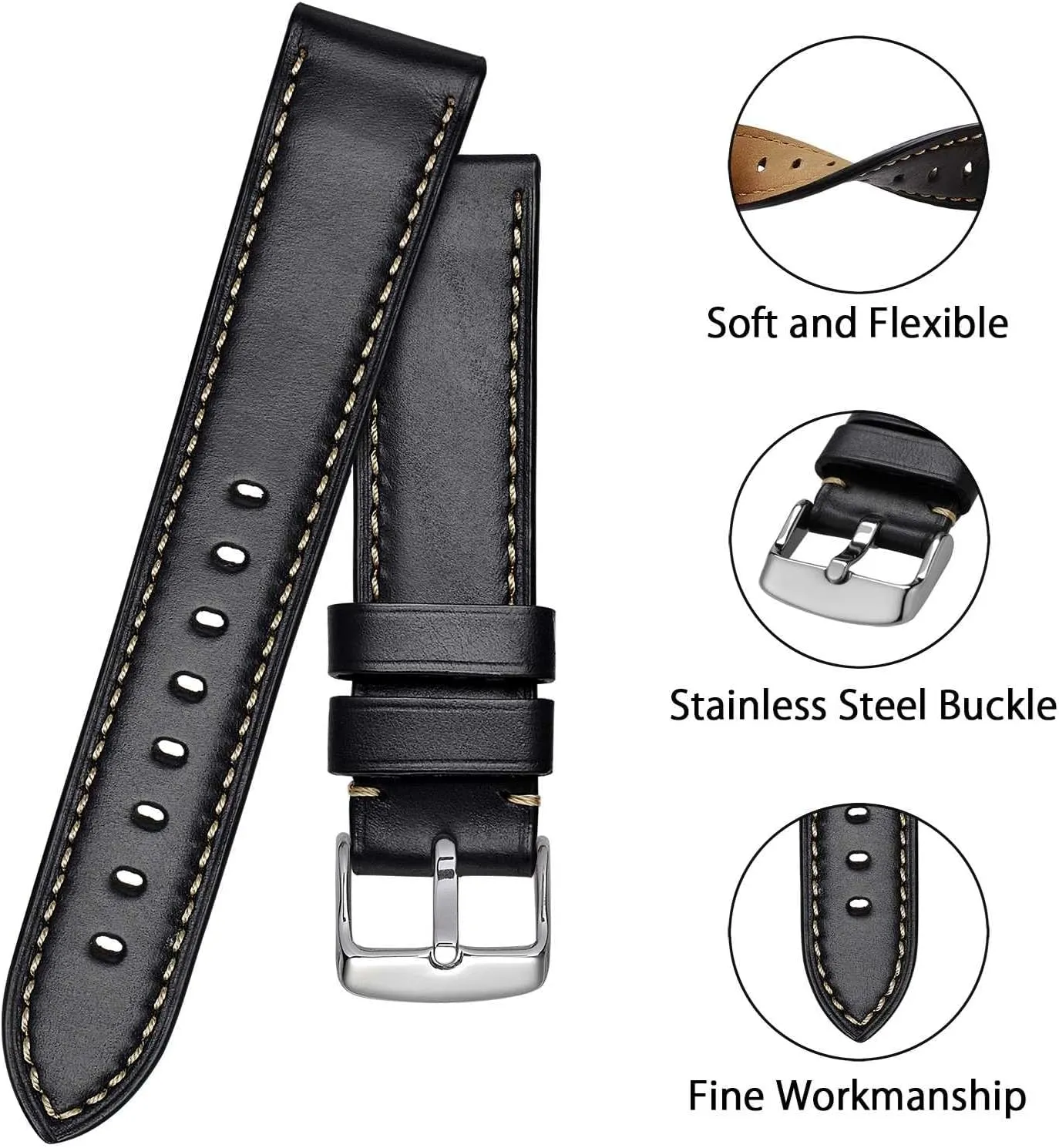 and Breathable Calfskin BISONSTRAP Leather Watch Band 18mm lore 19mm 20mm 21mm 22mm 23mm 24mm, Antique Watch Straps for Men, Supple 