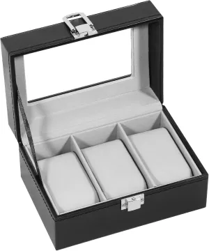 and Jewelry Storage Box Uten 3-Slot Watch Box, PU diplomatic Leather Watch Case with Glass Lid, Watch Holder Organizer with Soft Pillow and Velvet Lining, Watch 
