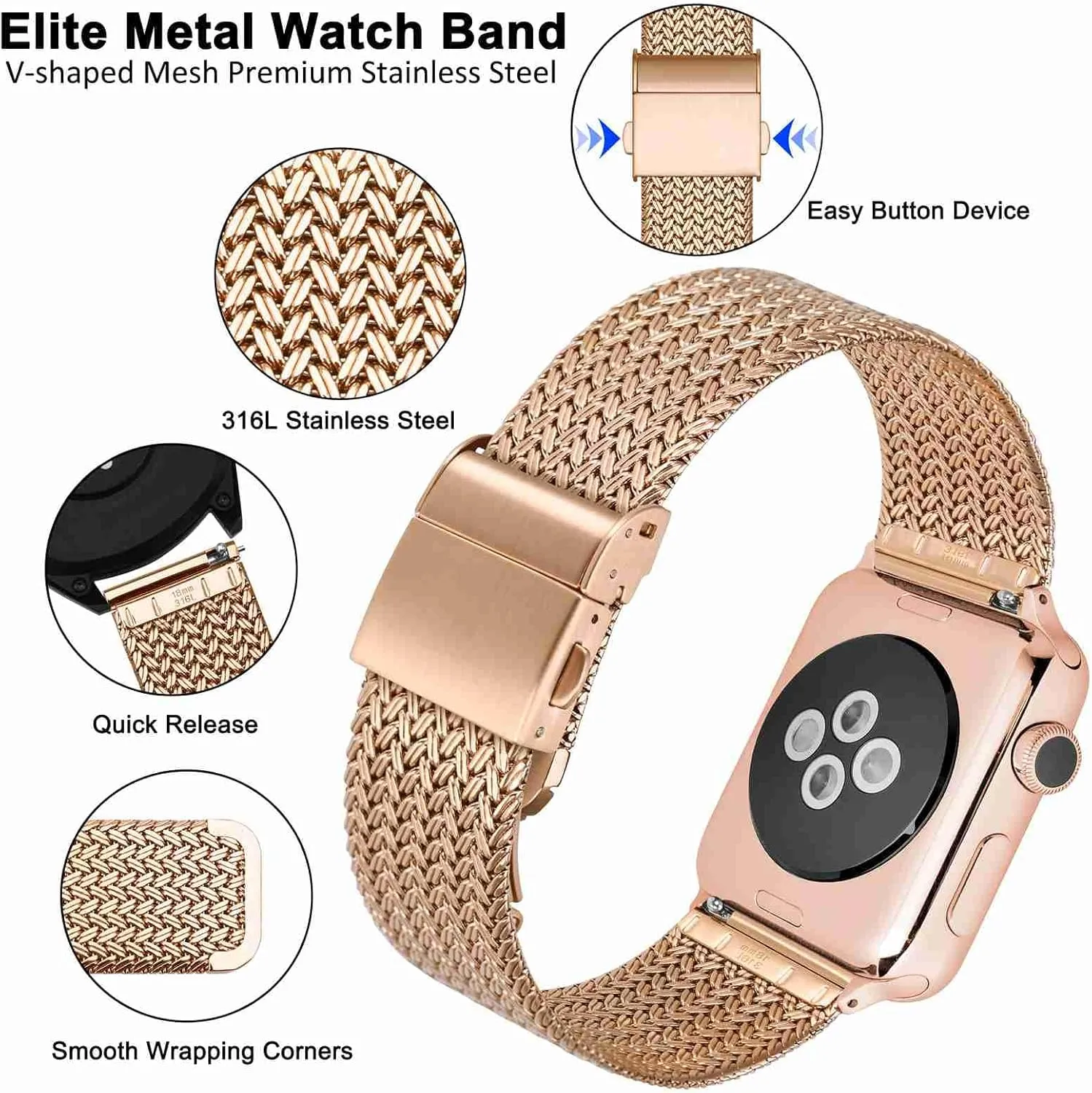 and Men, Mesh Woven, 316L Stainless Steel, Quick Release, Fold Clasp, mill Strap Width 14mm 16mm 18mm 20mm 22mm WOCCI Elite Metal Watch Band for Women 