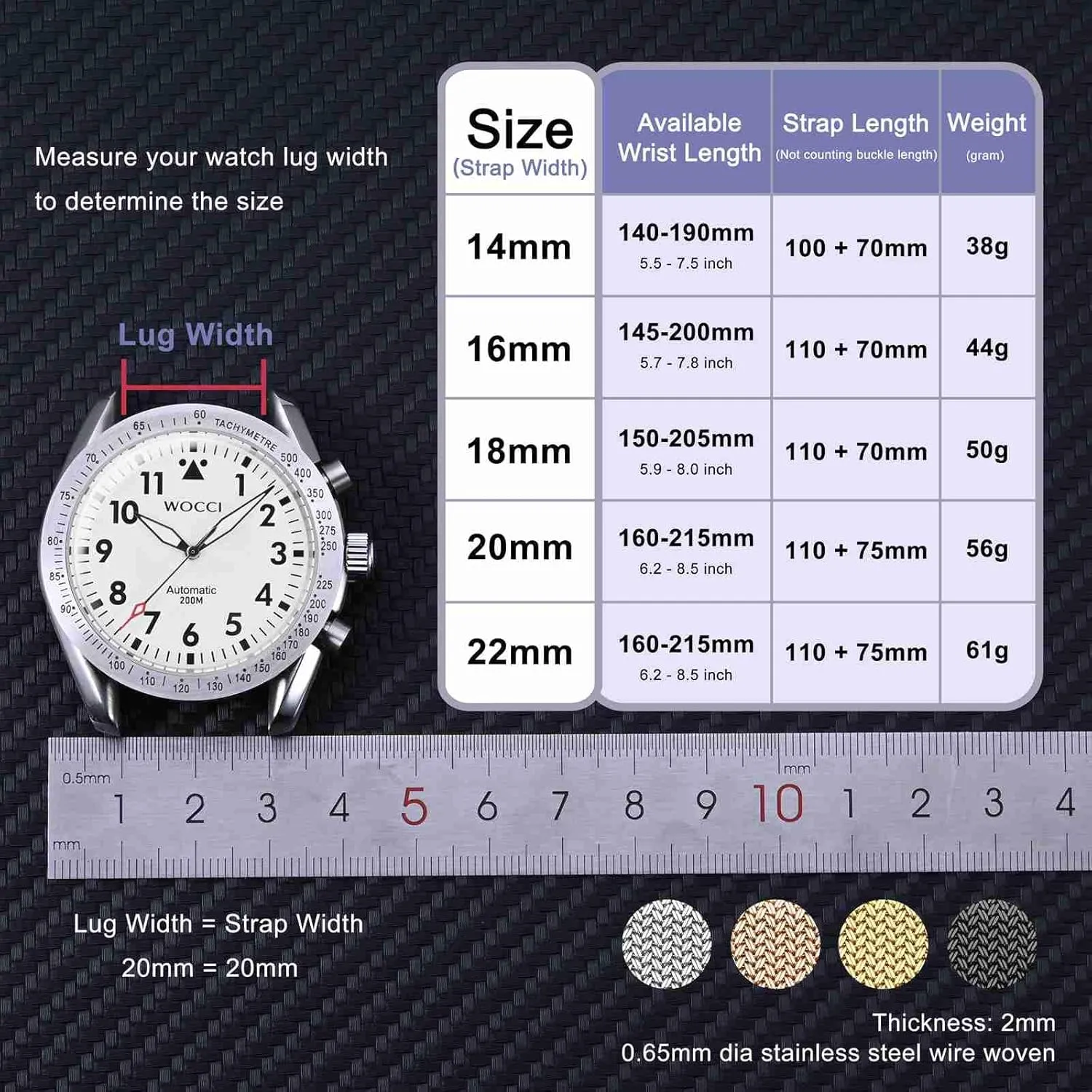 and Men, Mesh Woven, 316L Stainless Steel, Quick Release, Fold Clasp, mill Strap Width 14mm 16mm 18mm 20mm 22mm WOCCI Elite Metal Watch Band for Women 