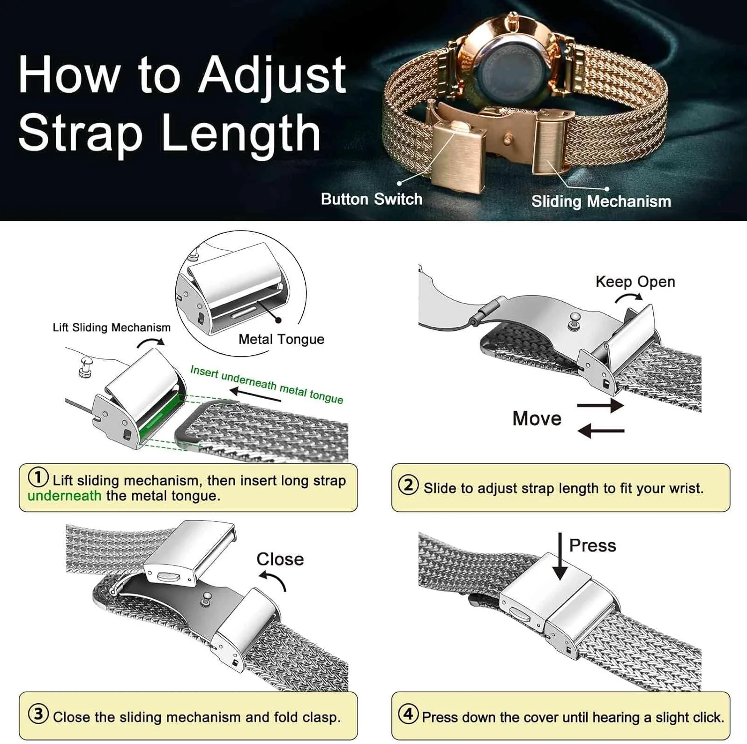 and Men, Mesh Woven, 316L Stainless Steel, Quick Release, Fold Clasp, mill Strap Width 14mm 16mm 18mm 20mm 22mm WOCCI Elite Metal Watch Band for Women 