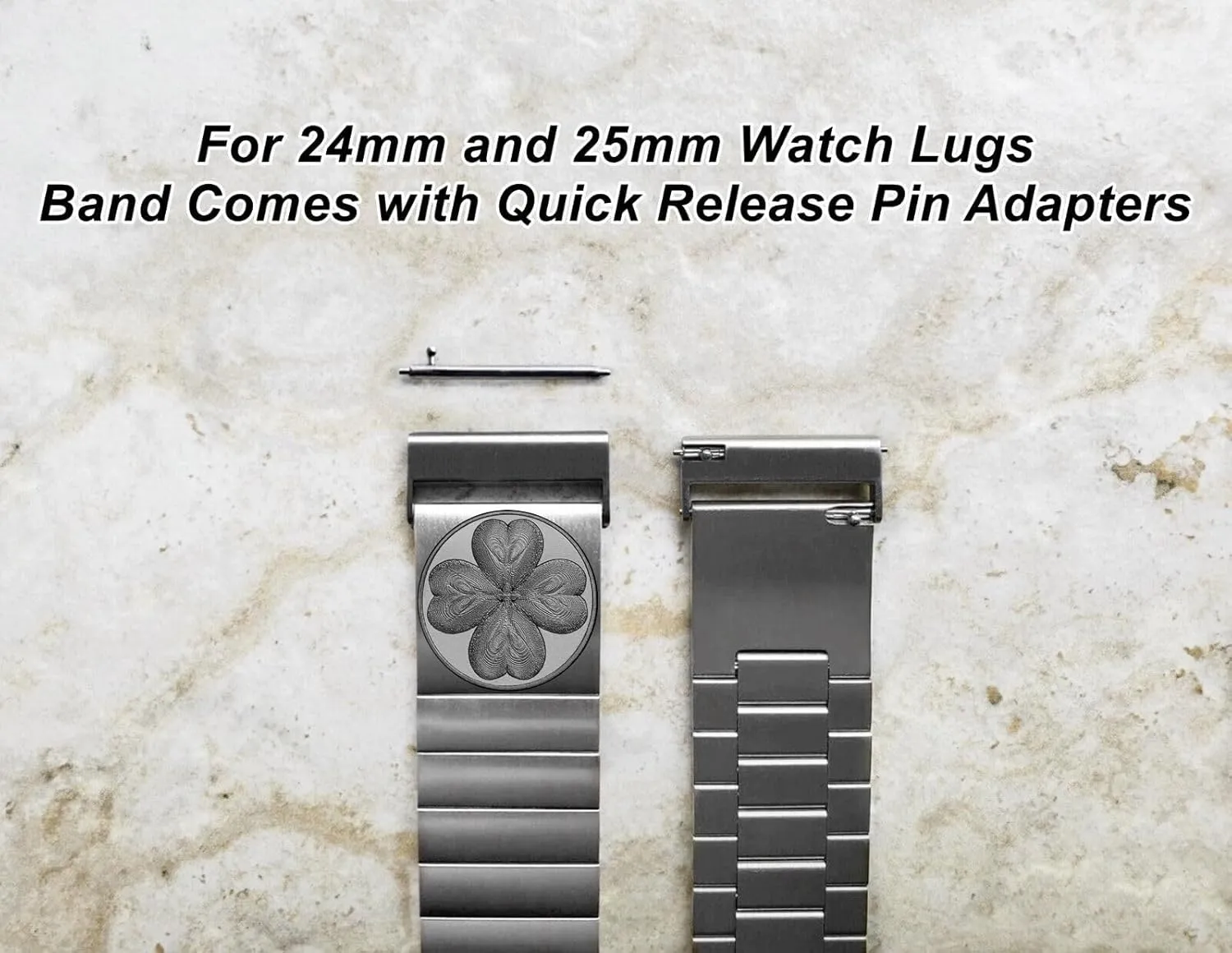 and Smartwatches Silver Stainless Steel Strap S-SR1 Four Leaf Clover Engraved abrupt Band for 22mm 24mm 25mm Width Lugs Traditional Luxury Casual Watches 