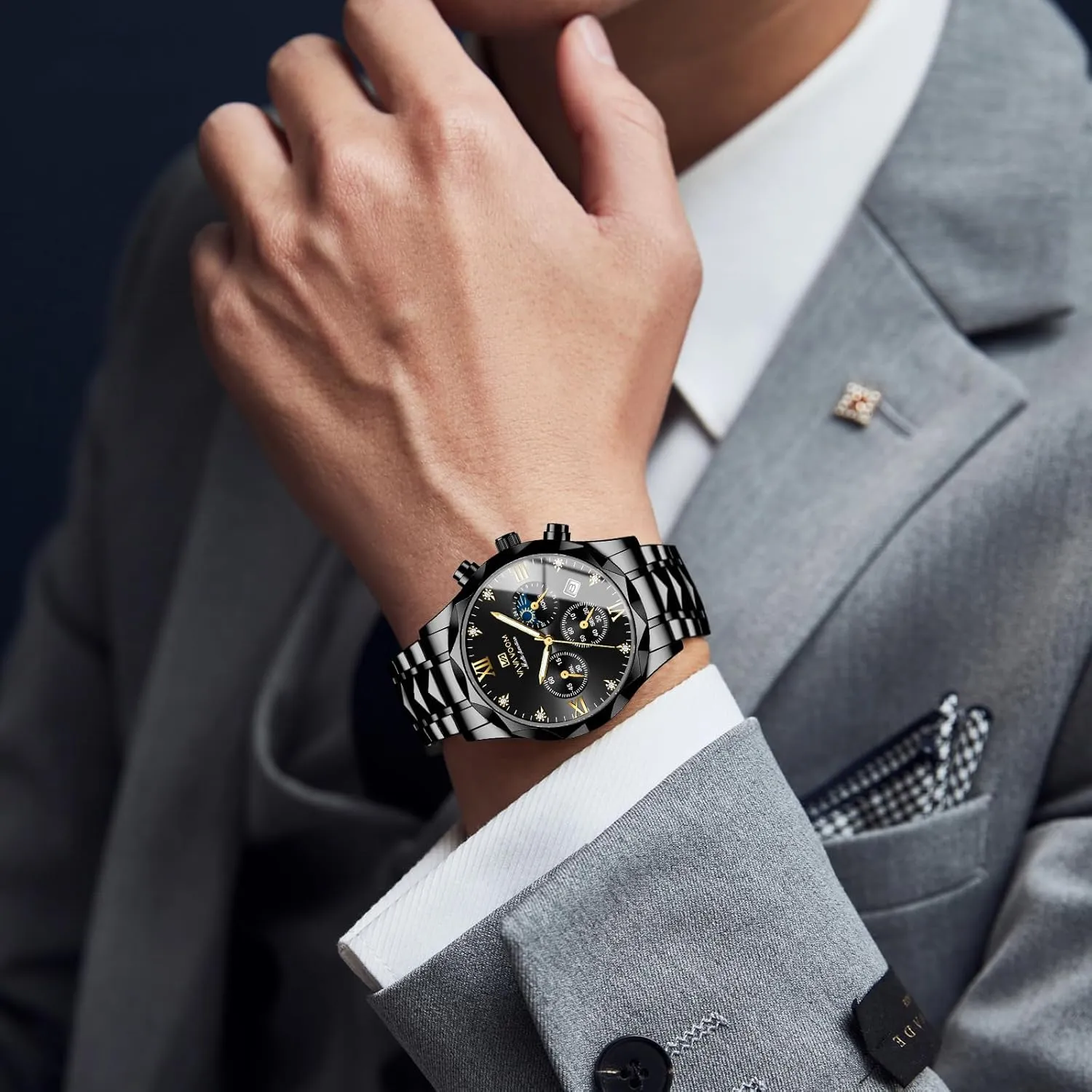 and subordinate clip pantomime Silver Tone FANMIS Watches for Men Luxury Diamond Casual Watch Stainless Steel Waterproof Business Dress Wristwatch Analog Luminous Date Mens Watch,Gold 