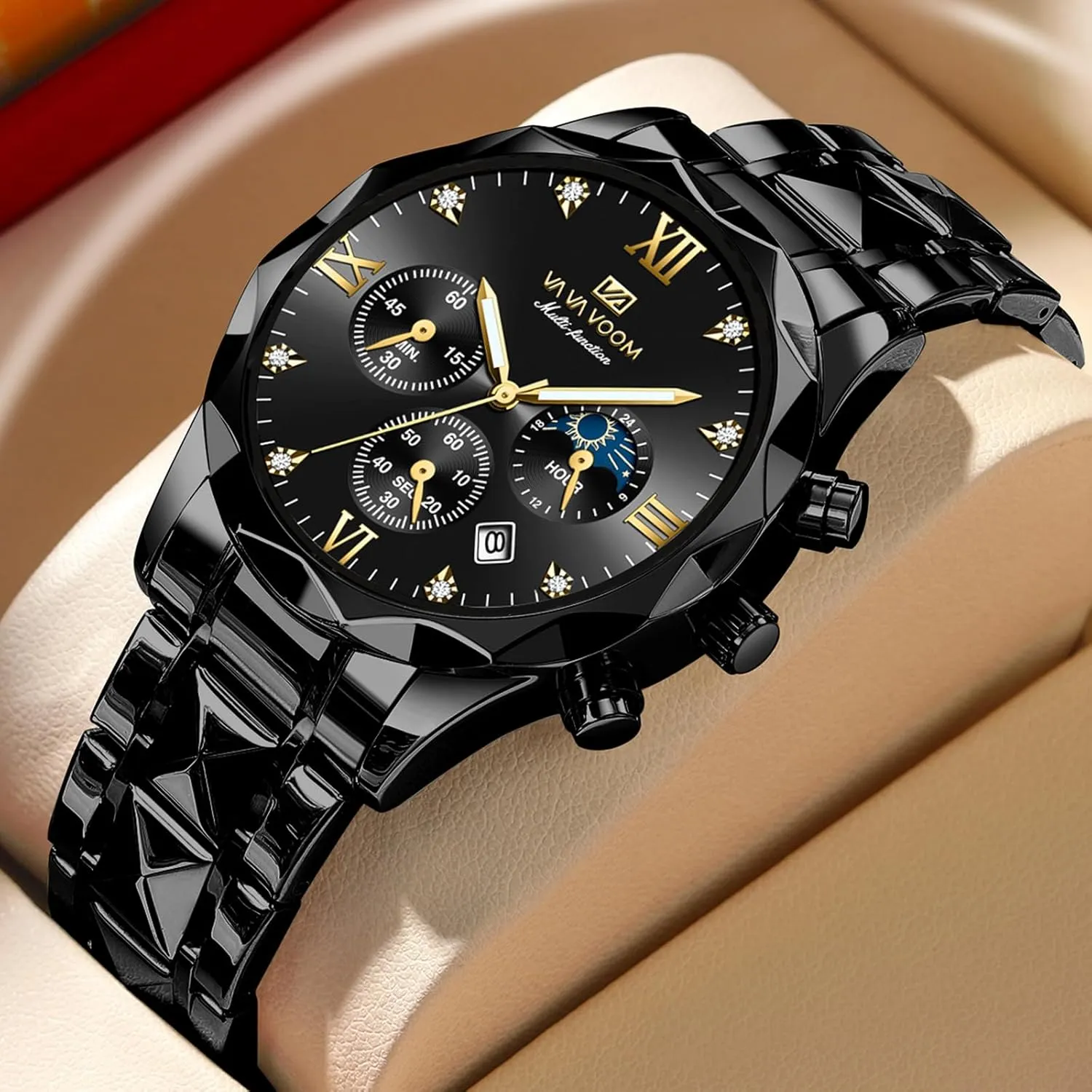 and subordinate clip pantomime Silver Tone FANMIS Watches for Men Luxury Diamond Casual Watch Stainless Steel Waterproof Business Dress Wristwatch Analog Luminous Date Mens Watch,Gold 