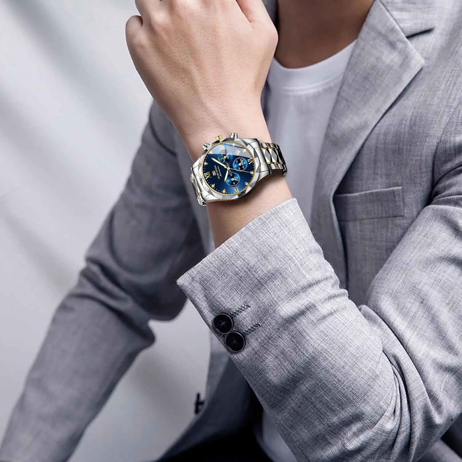 and subordinate clip pantomime Silver Tone FANMIS Watches for Men Luxury Diamond Casual Watch Stainless Steel Waterproof Business Dress Wristwatch Analog Luminous Date Mens Watch,Gold 