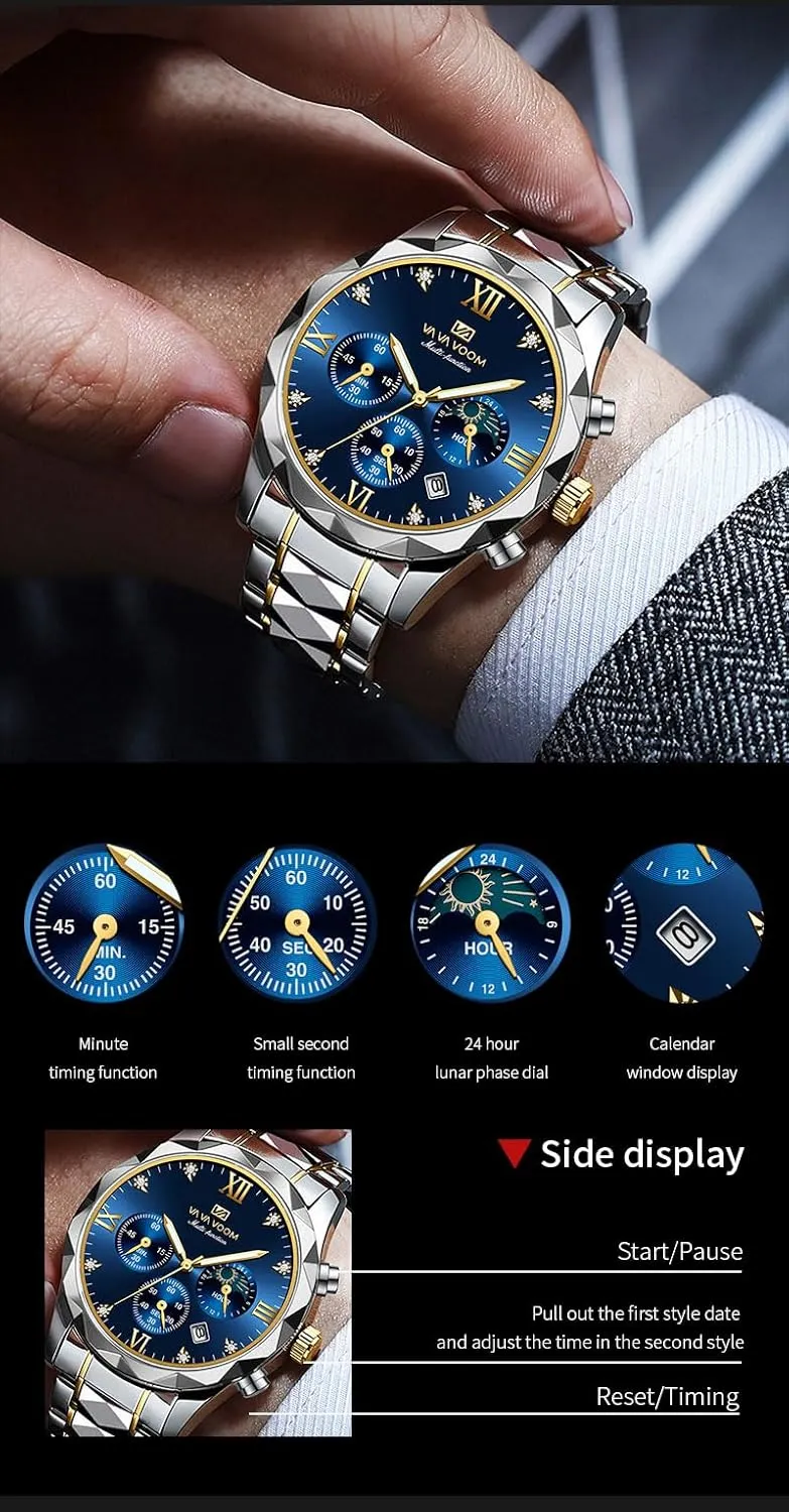 and subordinate clip pantomime Silver Tone FANMIS Watches for Men Luxury Diamond Casual Watch Stainless Steel Waterproof Business Dress Wristwatch Analog Luminous Date Mens Watch,Gold 