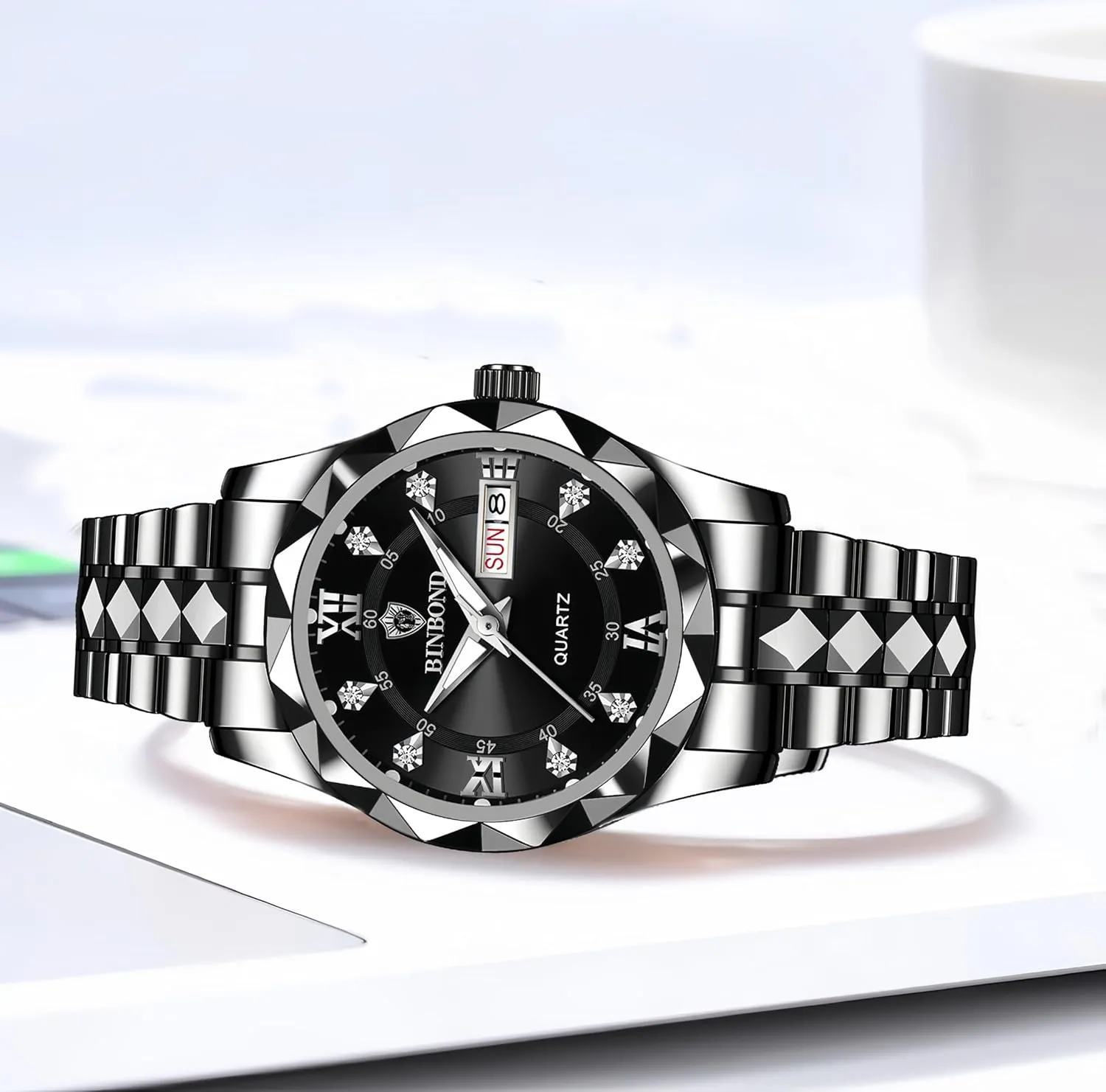 and third Silver Tone Gosasa Luxury Men's and Women's Business Diamond Stainless Steel Waterproof Roman Numeral Analog Quartz Watch with Day-Date Calendar, Gold 