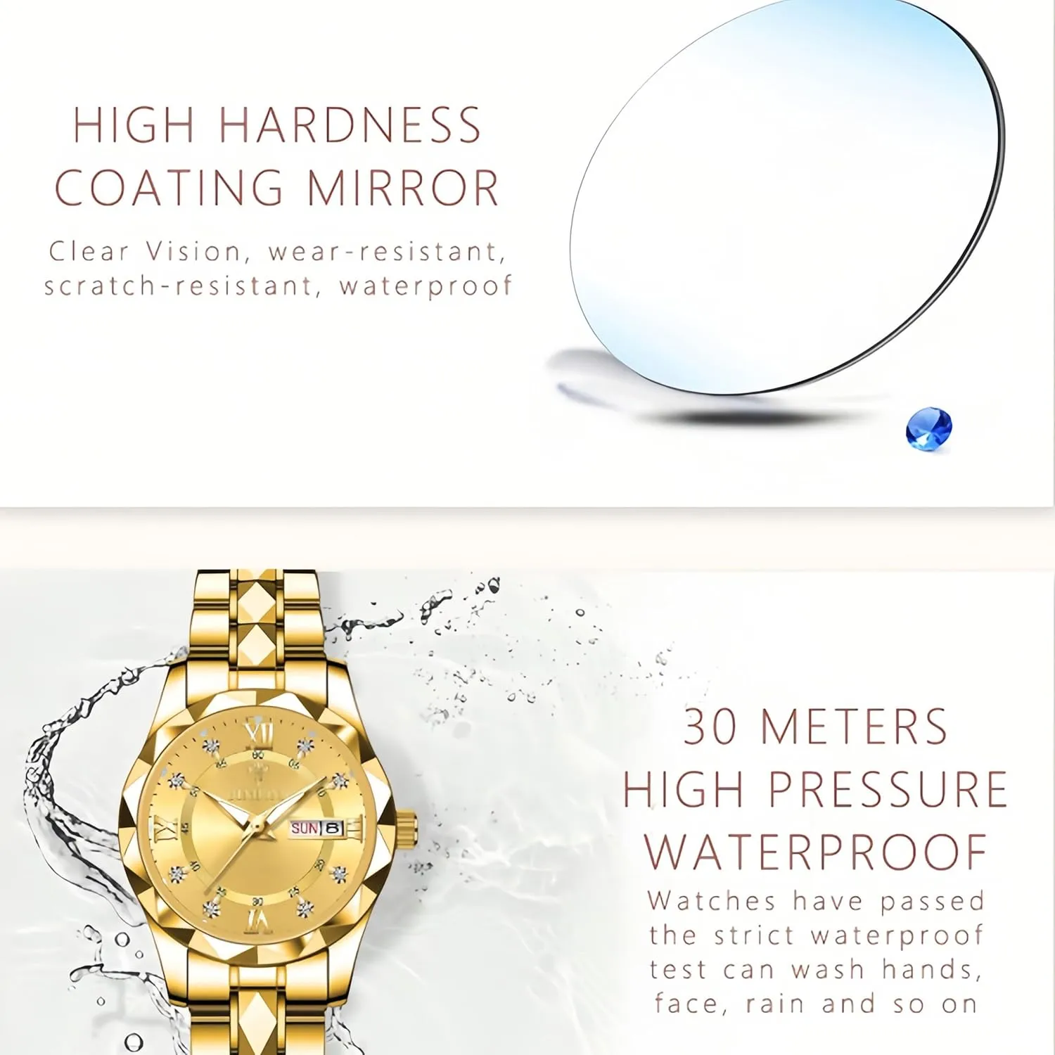 and third Silver Tone Gosasa Luxury Men's and Women's Business Diamond Stainless Steel Waterproof Roman Numeral Analog Quartz Watch with Day-Date Calendar, Gold 