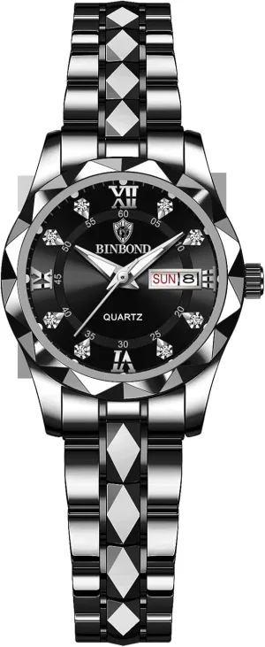 and third Silver Tone Gosasa Luxury Men's and Women's Business Diamond Stainless Steel Waterproof Roman Numeral Analog Quartz Watch with Day-Date Calendar, Gold 