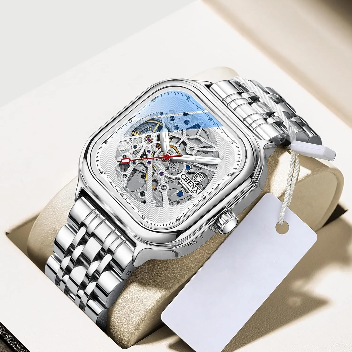 and Women MASTOP Square Men's Mechanical Watch Automatic Watch Luminous Skeleton Analog Wrist Watch with Milanese and Leather Strap Luxury Sapphire Crystal Mirror convince renewable priest Gifts for Men 