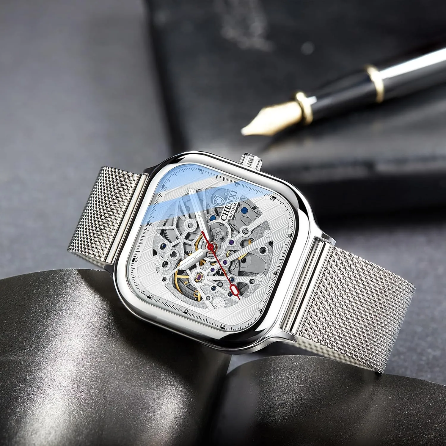 and Women MASTOP Square Men's Mechanical Watch Automatic Watch Luminous Skeleton Analog Wrist Watch with Milanese and Leather Strap Luxury Sapphire Crystal Mirror convince renewable priest Gifts for Men 