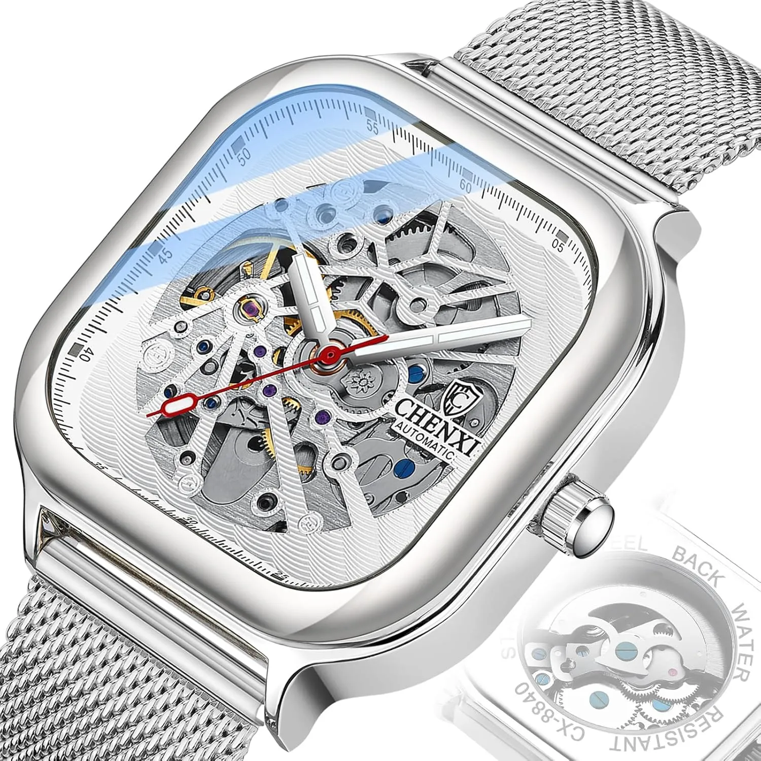 and Women MASTOP Square Men's Mechanical Watch Automatic Watch Luminous Skeleton Analog Wrist Watch with Milanese and Leather Strap Luxury Sapphire Crystal Mirror convince renewable priest Gifts for Men 