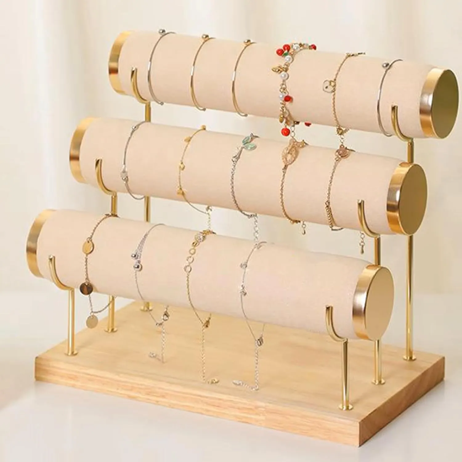 Anklets Holder & Organizer gigantic Stand, Gold Detachable Rack, Wooden Base, Velvet Wrap, 10.5 x 6.25 x 8.6 inches(Beige) RJ Displays 3-Tier Bracelet Watch, Necklace, Bangles, 