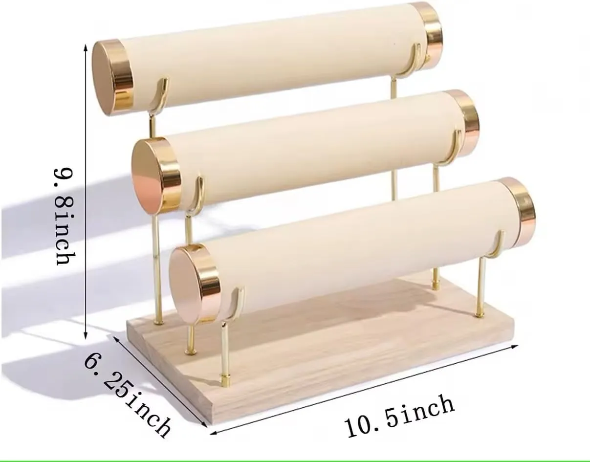 Anklets Holder & Organizer gigantic Stand, Gold Detachable Rack, Wooden Base, Velvet Wrap, 10.5 x 6.25 x 8.6 inches(Beige) RJ Displays 3-Tier Bracelet Watch, Necklace, Bangles, 