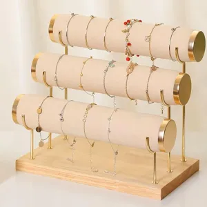 Anklets Holder & Organizer gigantic Stand, Gold Detachable Rack, Wooden Base, Velvet Wrap, 10.5 x 6.25 x 8.6 inches(Beige) RJ Displays 3-Tier Bracelet Watch, Necklace, Bangles, 